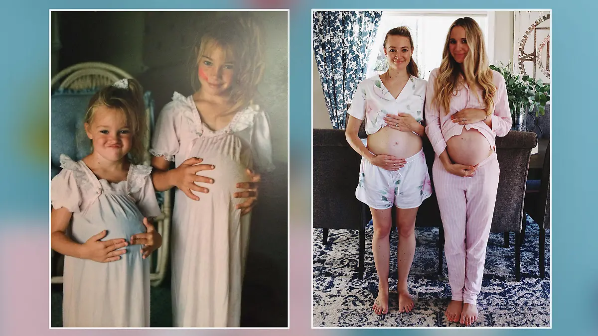 Schwestern Bri und Chaulet aus San Diego stellen ein Bild aus ihrer Kindheit nach - mit dem kleinen Unterschied, dass sie im rechten Bild wirklich schwanger mit ihren Töchtern sind.