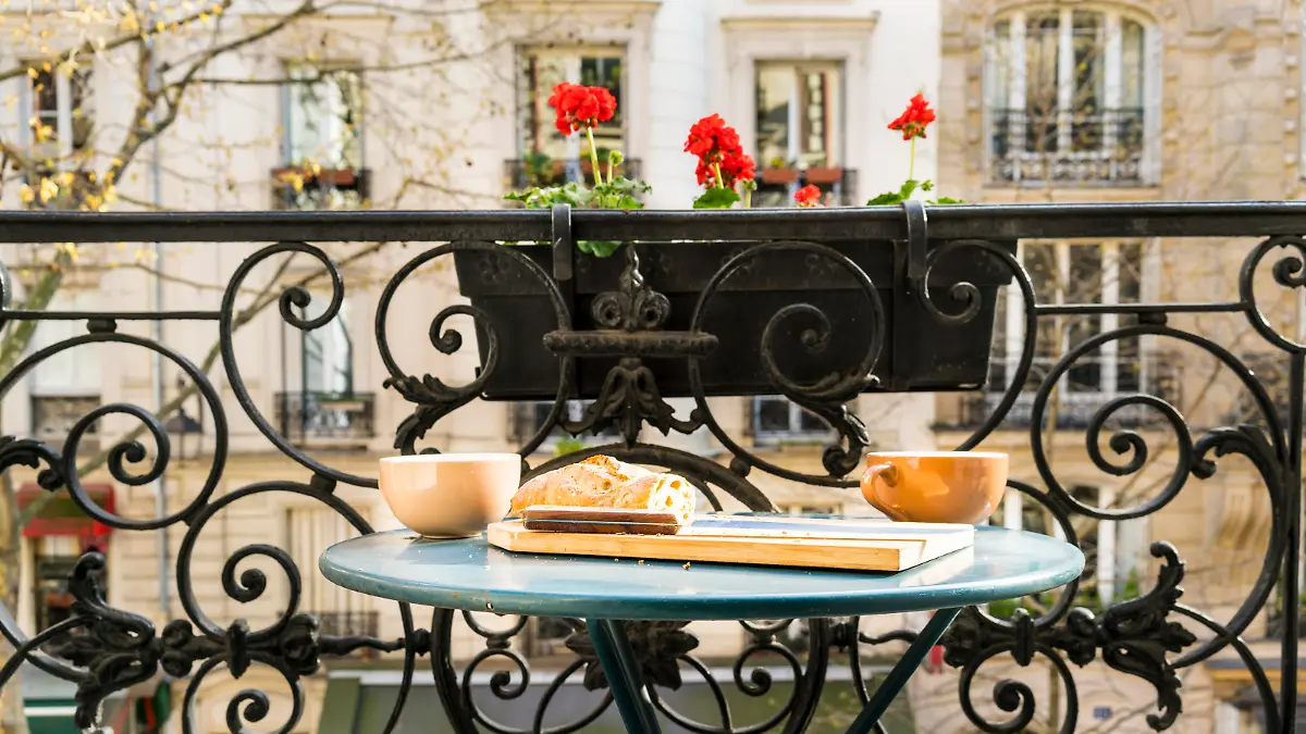 Breakfast on the balcony in Paris in springtime