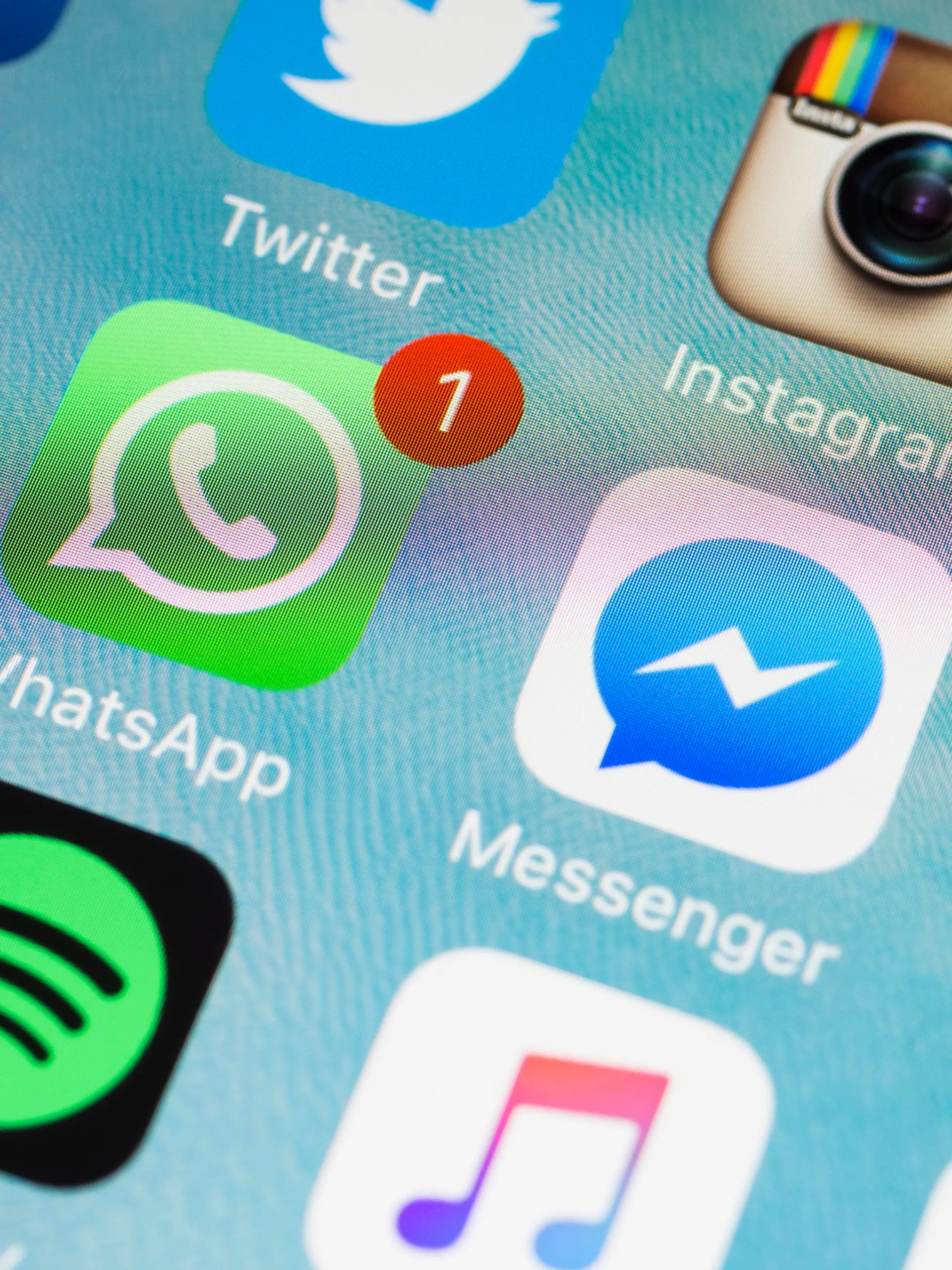 Istanbul, Turkey - February 6, 2016: Apple iPhone 6s screen with social media applications icons Facebook, Instagram, Twitter, Spotify, Youtube, Messenger, Paypal, Whatsapp etc.