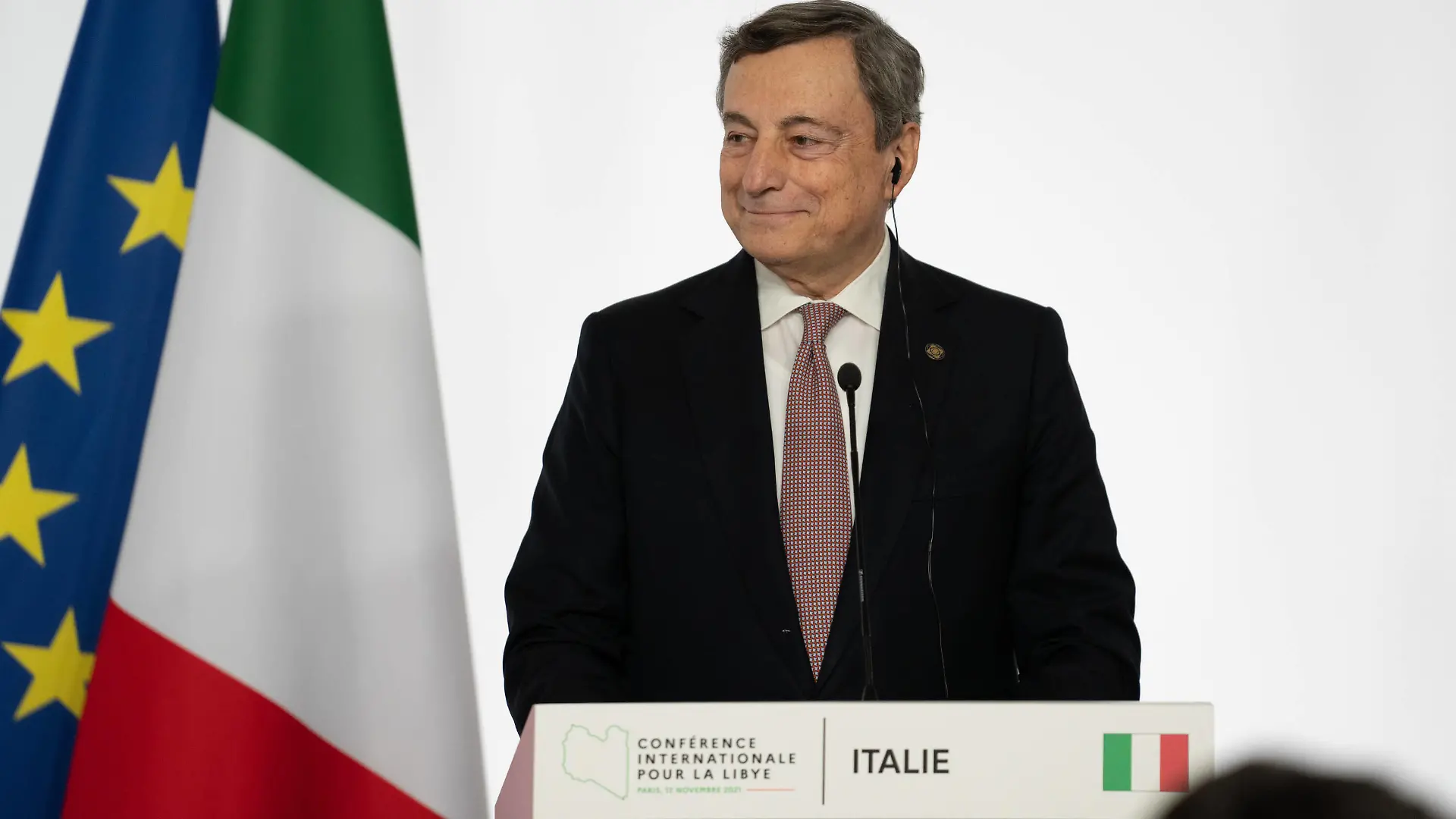 Paris, Libyen-Konferenz mit Angela Merkel November 13, 2021, Parigi: Italian Prime Minister Mario Draghi participate in the press conference at the end of the International Conference on Libya at La Maison de la Chimie in Paris, France, 12 November 2021..ANSA/FILIPPO ATTILI - Uff. stampa Palazzo Chigi  PRESS OFFICE, HANDOUT PHOTO, NO SALES, EDITORIAL USE ONLY Parigi PUBLICATIONxINxGERxSUIxAUTxONLY - ZUMAa110 20211113_zaf_a110_012 Copyright: xFilippoxAttilix-xUff.xStampaxPalx