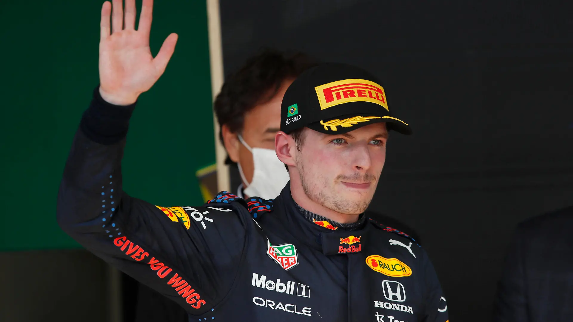 Formula 1 2021: Brazilian GP AUToDROMO JOS CARLOS PACE, BRAZIL - NOVEMBER 14: Max Verstappen, Red Bull Racing, 2nd position, arrives on the podium during the Brazilian GP at Autodromo Jos Carlos Pace on Sunday November 14, 2021 in Sao Paulo, Brazil. Photo by Charles Coates / LAT Images Images PUBLICATIONxINxGERxSUIxAUTxHUNxONLY GP2119_194709_09I1764
