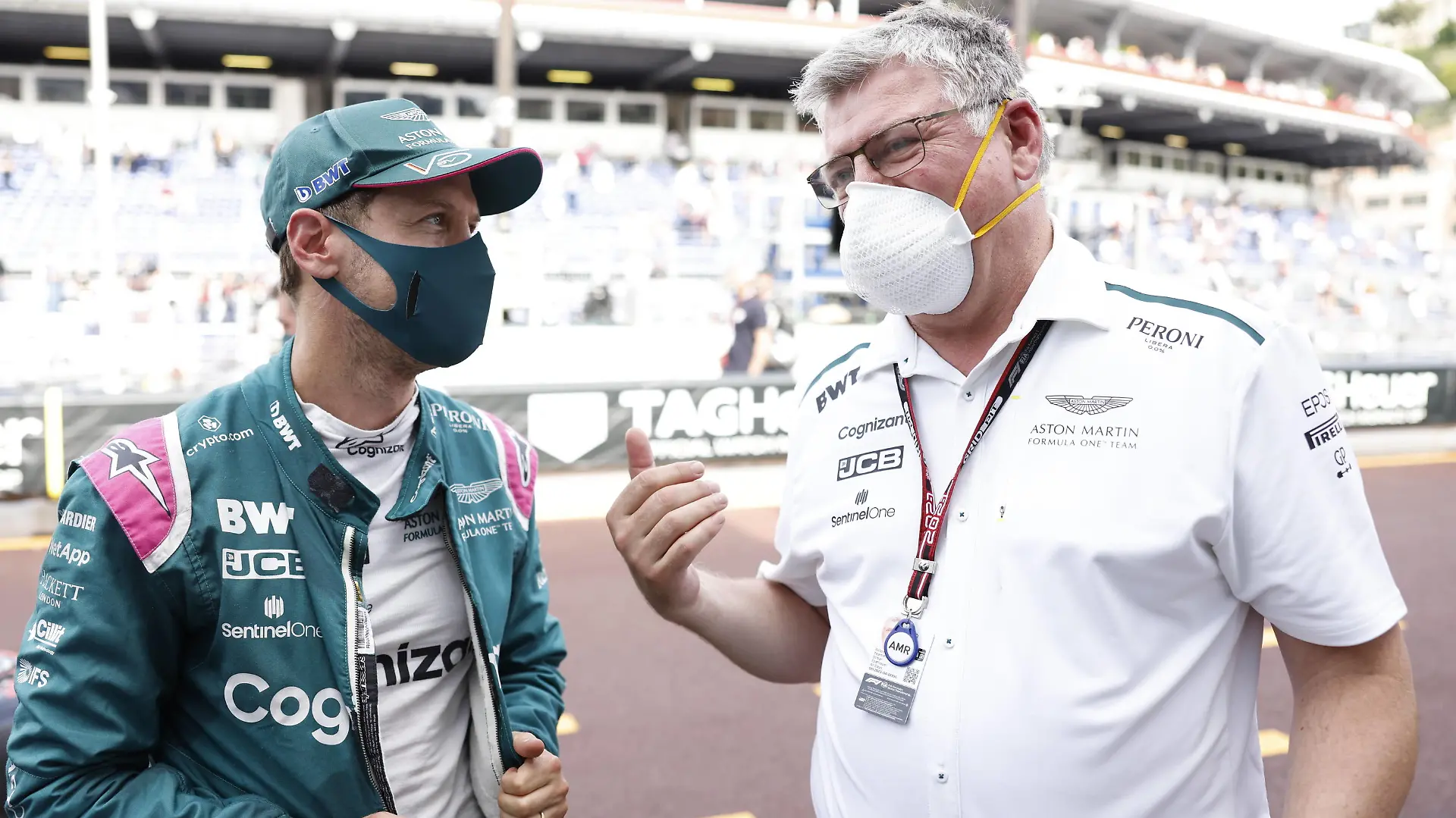 Formula 1 2021: Monaco GP CIRCUIT DE MONACO, MONACO - MAY 23: Sebastian Vettel, Aston Martin, with Otmar Szafnauer, Team Principal and CEO, Aston Martin F1 during the Monaco GP at Circuit de Monaco on Sunday May 23, 2021 in Monte Carlo, Monaco. Photo by Glenn Dunbar / LAT Images Images PUBLICATIONxINxGERxSUIxAUTxHUNxONLY GP2105_135443_J5A8195 