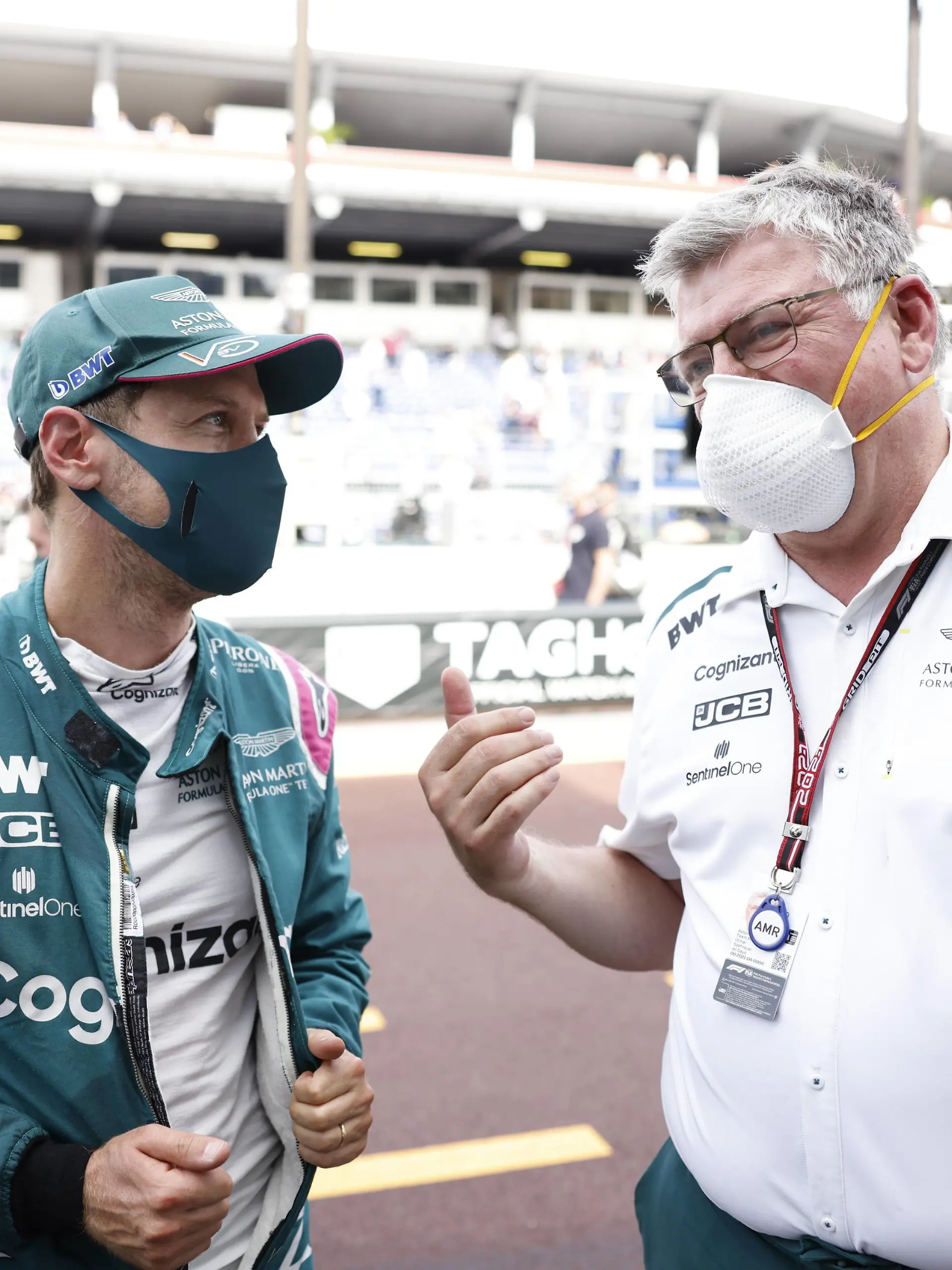 Formula 1 2021: Monaco GP CIRCUIT DE MONACO, MONACO - MAY 23: Sebastian Vettel, Aston Martin, with Otmar Szafnauer, Team Principal and CEO, Aston Martin F1 during the Monaco GP at Circuit de Monaco on Sunday May 23, 2021 in Monte Carlo, Monaco. Photo by Glenn Dunbar / LAT Images Images PUBLICATIONxINxGERxSUIxAUTxHUNxONLY GP2105_135443_J5A8195 