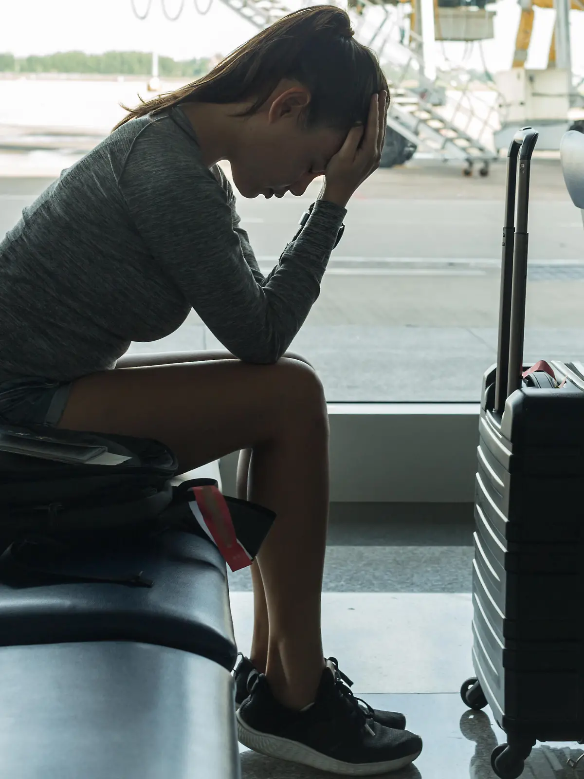 Passenger waiting at the airport terminal, stressed about missing her flight