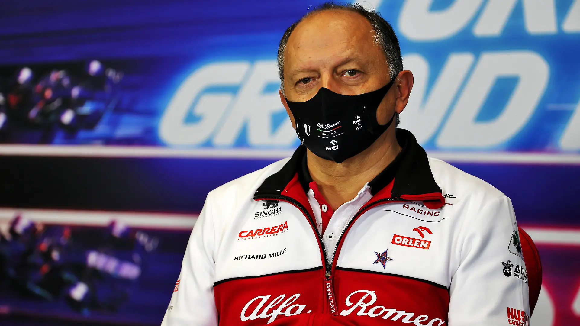 ISTANBUL, TURKEY - NOVEMBER 13: Alfa Romeo Racing Team Principal Frederic Vasseur talks in the Team Principals Press Conference during practice ahead of the F1 Grand Prix of Turkey at Intercity Istanbul Park on November 13, 2020 in Istanbul, Turkey. (Photo by XPB - Pool/Getty Images)