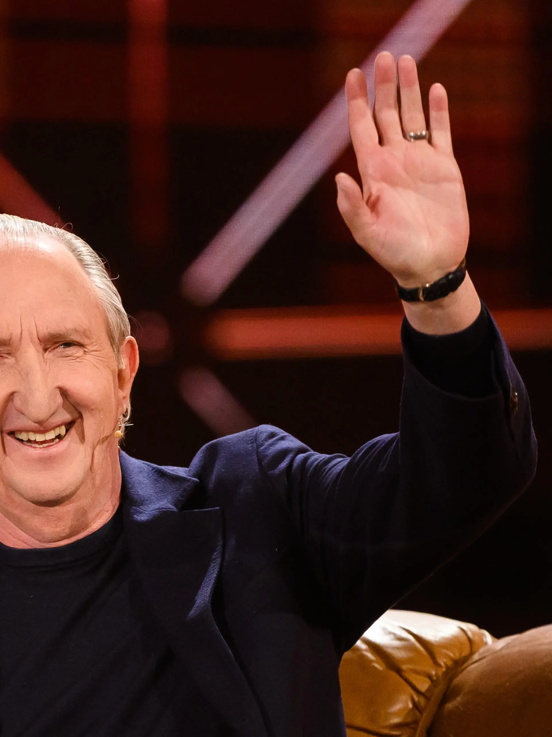12 April 2019, Baden-Wuerttemberg, Offenburg: Mike Krüger, comedian and singer, gesticulated during the recording "50 Years ZDF Hit Parade" in the Baden Arena. The show will be broadcasted on 27.04.2019. Photo: Silas Stein/dpa
