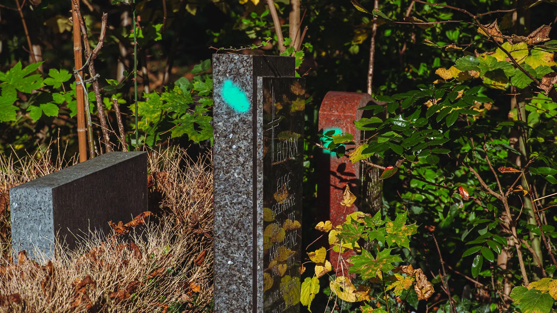 PRODUKTION - 25.10.2021, Berlin: Der grüne Punkt auf dem Grabstein auf dem St. Jacobi Friedhof in Neukölln gibt den Hinweis, dass der Stein ausrangiert wird. In Kursen entstehen auf dem Gelände aus den ehemaligen Grabsteinen Kunst und Gegenstände. Foto: Paul Zinken/dpa +++ dpa-Bildfunk +++