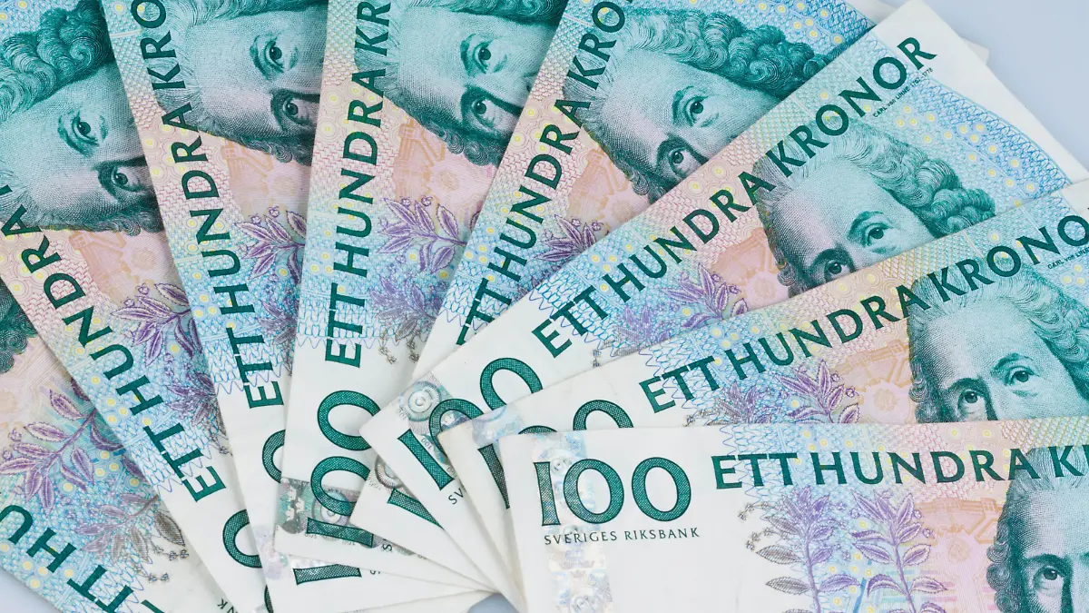 Schwedische Kronen, die Währung Schwedens. Liegen als Fächer nebeneinander. / Swedish krona, the currency of Sweden. Lie next to each other as a fan.