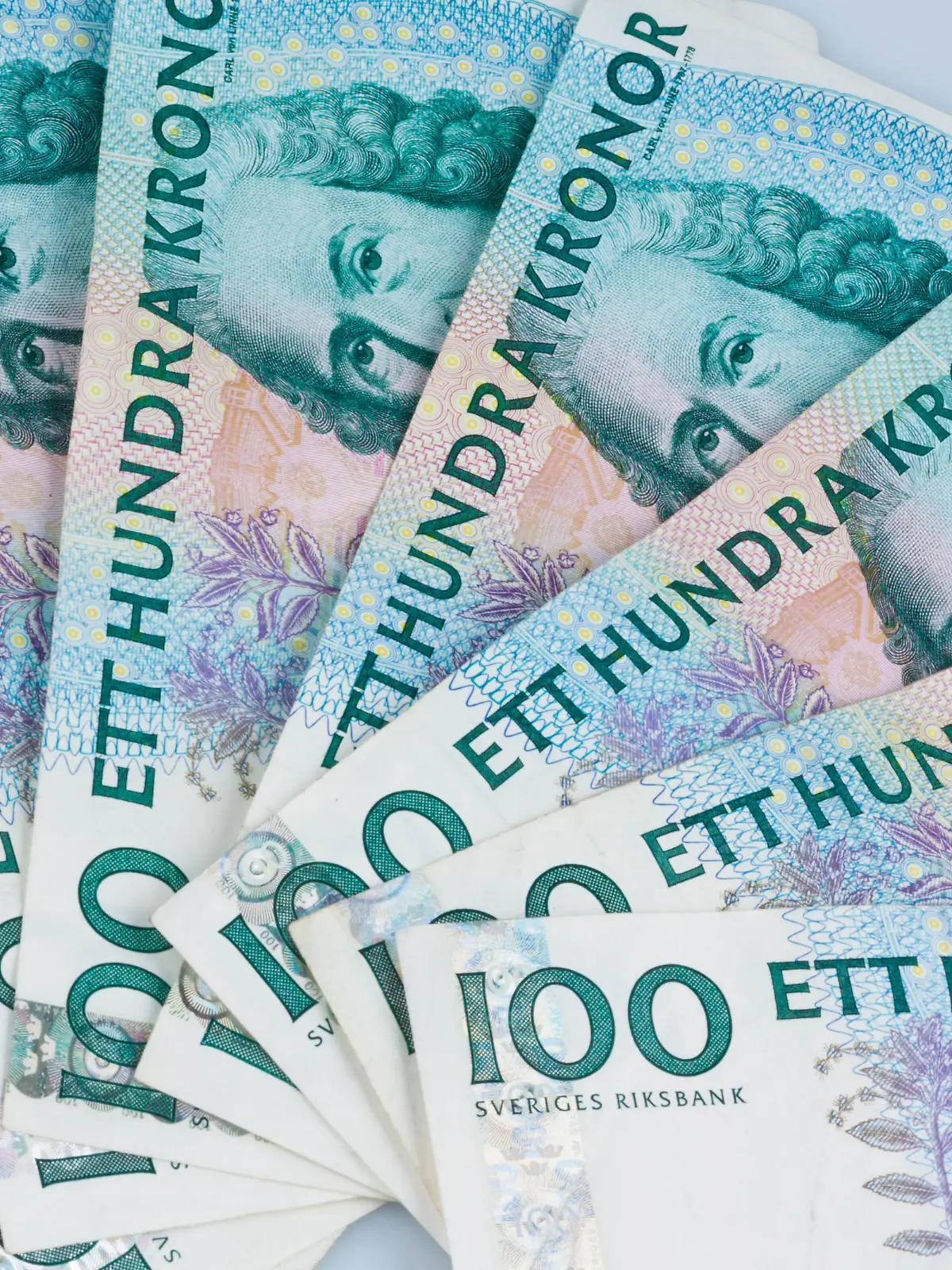 Schwedische Kronen, die Währung Schwedens. Liegen als Fächer nebeneinander. / Swedish krona, the currency of Sweden. Lie next to each other as a fan. 