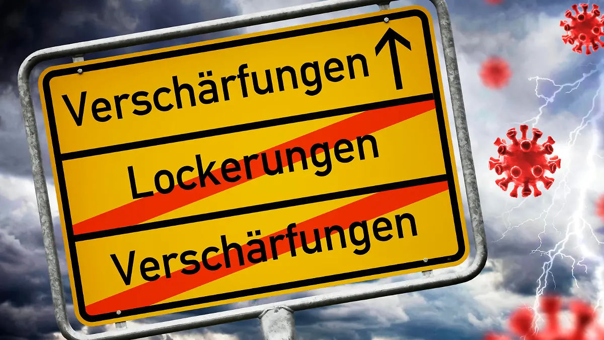 FOTOMONTAGE, Ortsschild mit der Aufschrift Verschärfungen Lockerungen Verschärfungen, Symbolfoto für wechselnde Corona-Maßnahmen *** PHOTOMONTAGE, place sign with the inscription tightenings loosenings tightenings, symbol photo for changing Corona measures 