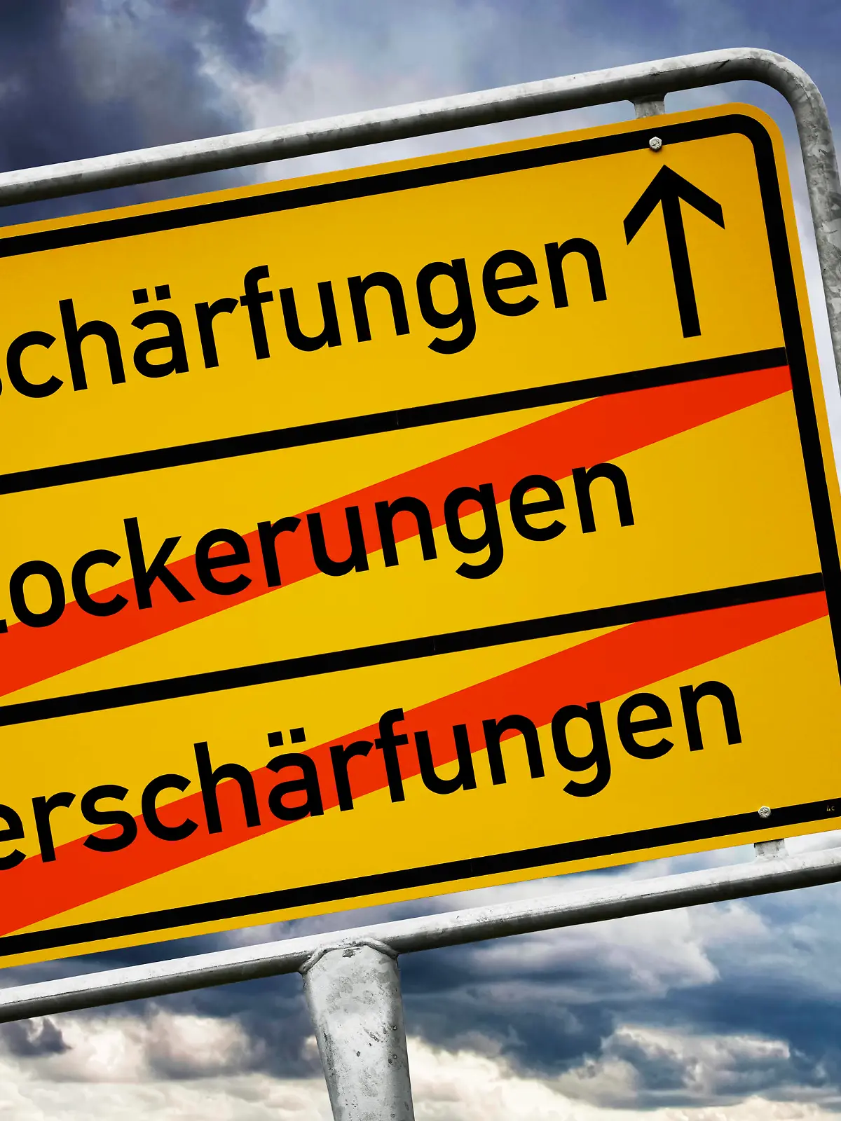 FOTOMONTAGE, Ortsschild mit der Aufschrift Verschärfungen Lockerungen Verschärfungen, Symbolfoto für wechselnde Corona-Maßnahmen *** PHOTOMONTAGE, place sign with the inscription tightenings loosenings tightenings, symbol photo for changing Corona measures 
