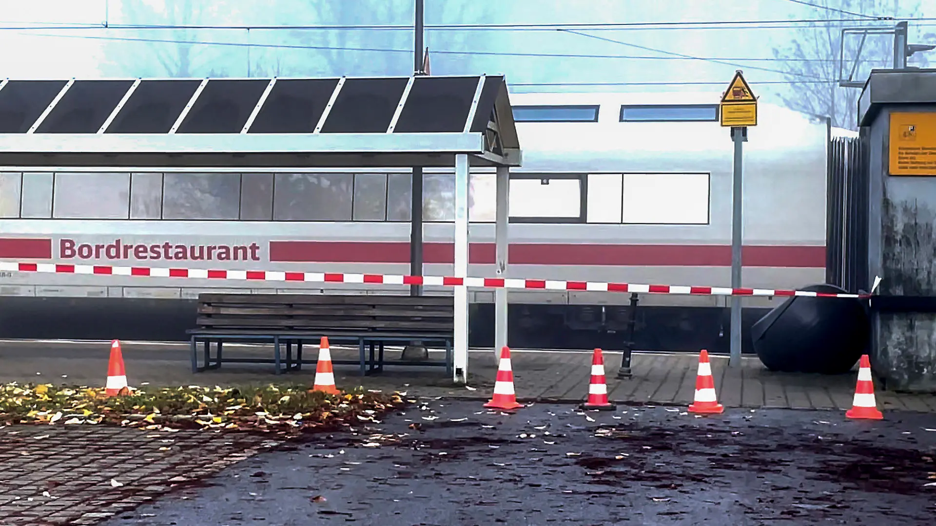 An ICE train stands at the station in Seubersdorf, southern Germany, Saturday, Nov.6, 2021. There has been a knife attack in the ICE between Regensburg and Nuremberg. Several people were injured, according to police. A man was arrested. (Vifogra/dpa via AP)