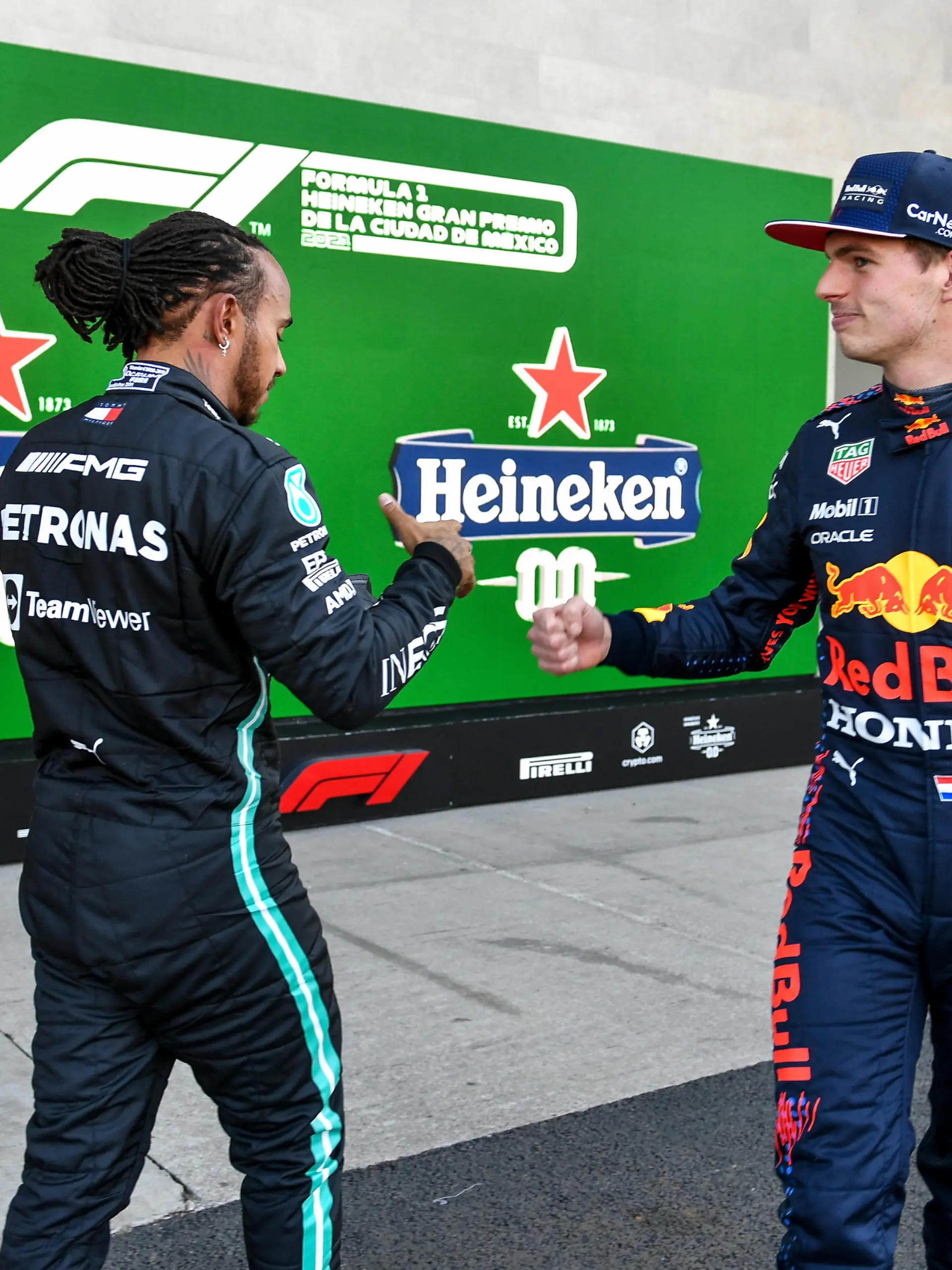 Mexican Grand Prix - Qualifying - Autodromo Hermanos Rodriguez. (L to R): Lewis Hamilton (GBR) Mercedes AMG F1 and Max Verstappen (NLD) Red Bull Racing in qualifying parc ferme. Mexican Grand Prix, Saturday 6th November 2021. Mexico City, Mexico. FIA Pool Image for Editorial Use Only URN:63572123