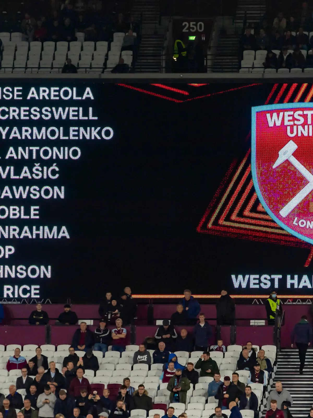 West Ham team is announced during the UEFA 2021 Europa League match between West Ham United and SK Rapid Wien, London Stadium, Group H, match 2. September 30th 2021, Credit:ANTHONY_STANLEY / Avalon