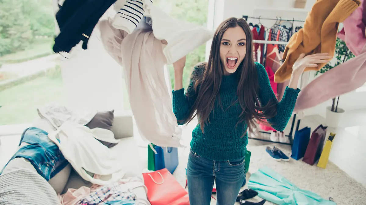 Portrait of nice cute attractive charming pretty cheerful cheery positive girl student throwing many different new things day dream daydream in light white interior room