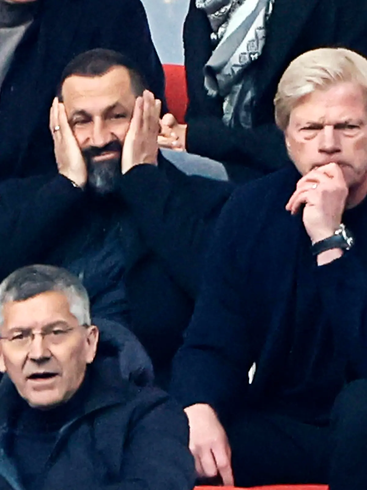 13.05.2023, 1. Bundesliga, FC Bayern Muenchen vs Schalke 04, Allianz Arena Muenchen, Fussball, im Bild: Sportdirektor Hassan Salihamidzic FC Bayern Muenchen, Oliver Kahn FC Bayern Muenchen und FC Bayern Praesident Herbert Hainer FC Bayern Muenchen *** 13 05 2023, 1 Bundesliga, FC Bayern Muenchen vs Schalke 04, Allianz Arena Muenchen, soccer, in picture sport director Hassan Salihamidzic FC Bayern Muenchen , Oliver Kahn FC Bayern Muenchen and FC Bayern president Herbert Hainer FC Bayern Muenchen