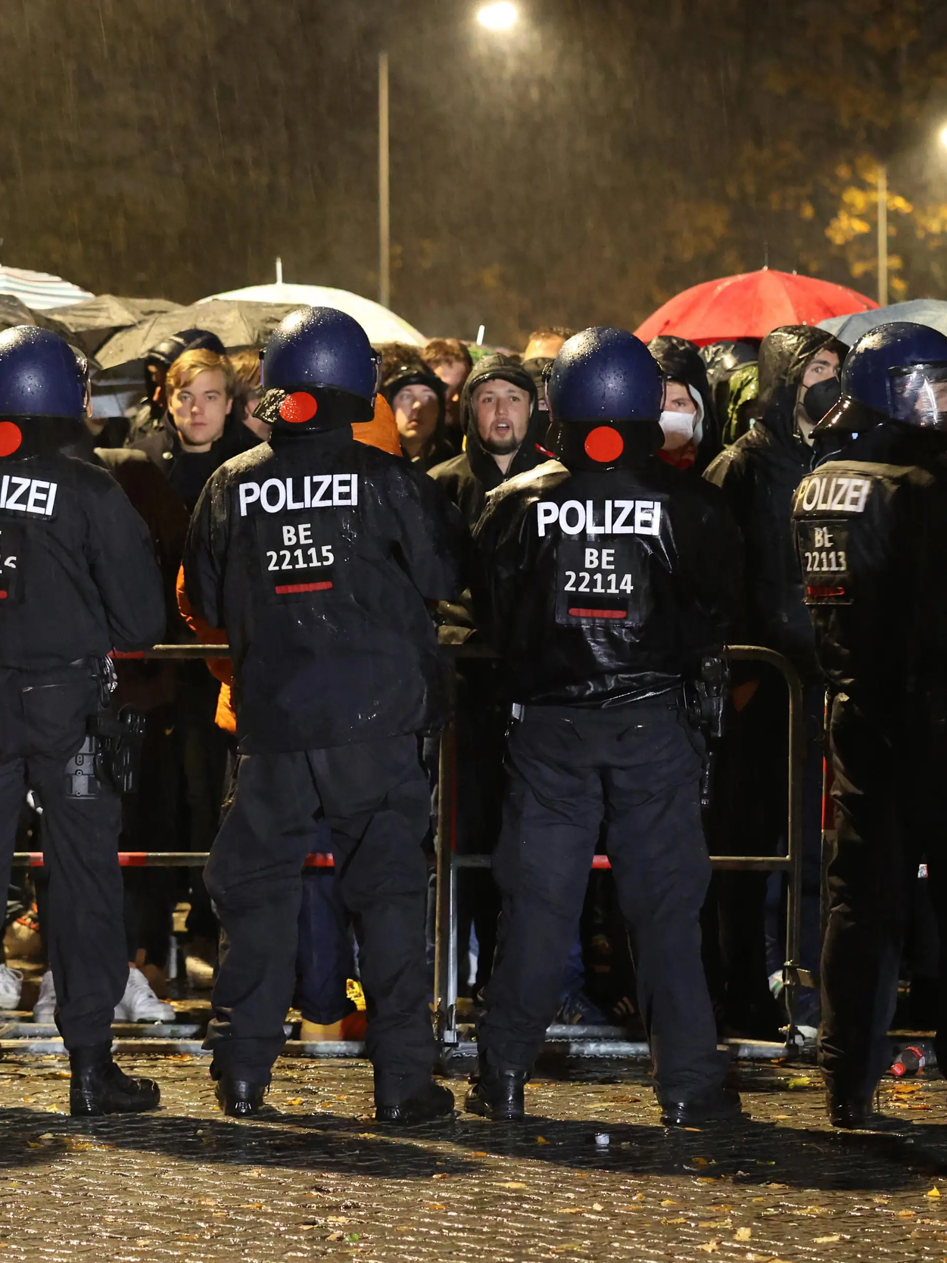 Soccer Football - Europa Conference League - Group E - 1. FC Union Berlin v Feyenoord - Olympiastadion Berlin, Berlin, Germany - November 4, 2021  Police with fans outside the stadium before the match REUTERS/Christian Mang
