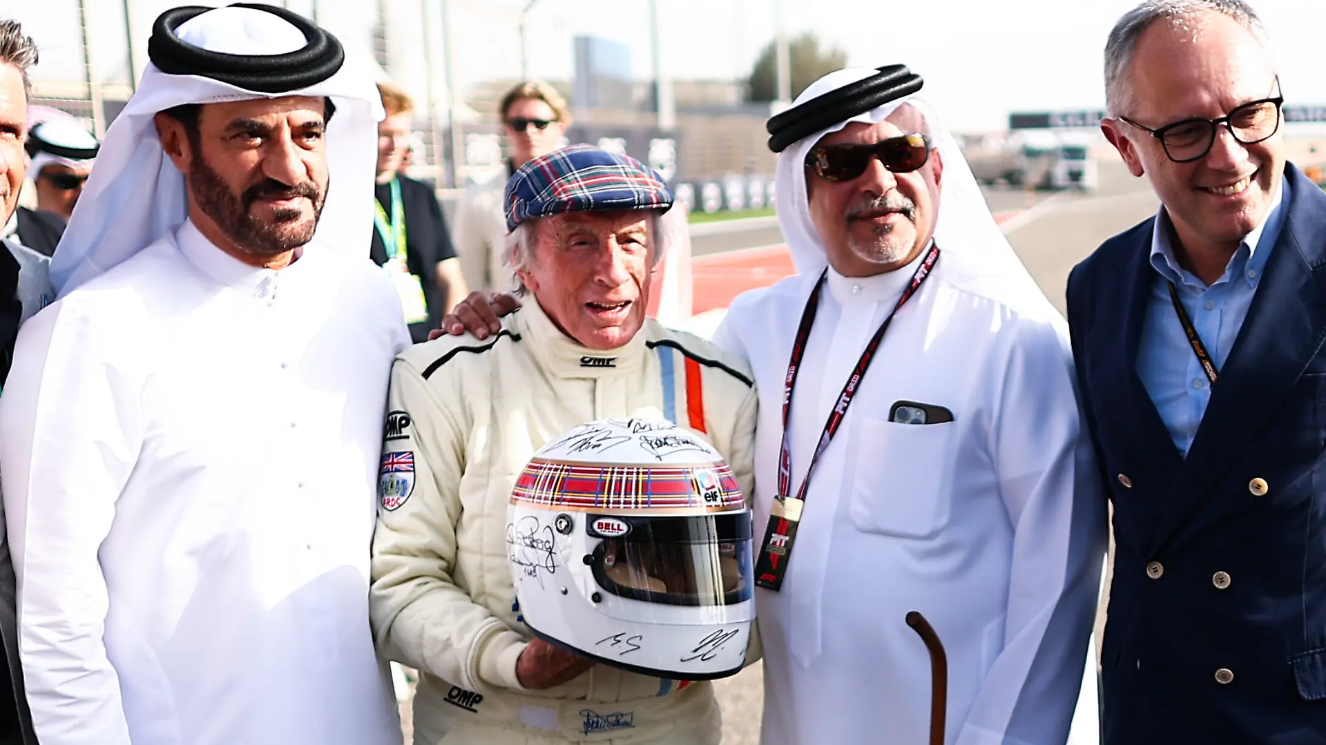 DOMENICALI Stefano (ita), Vorsitzender und CEO Formula One Group FOG, Porträt Sir Jackie STEWART, BEN SULAYEM Mohammed (uae), Präsident der FIA, Porträt während des Formel 1 Golf Bahrain Grand Prix 2025, 4. Runde der FIA Formel 1 Weltmeisterschaft 2025 vom 11. bis 13. April 2025 auf dem Bahrain International Circuit, in Sakhir, Bahrain - Foto Eric Alonso / DPPI