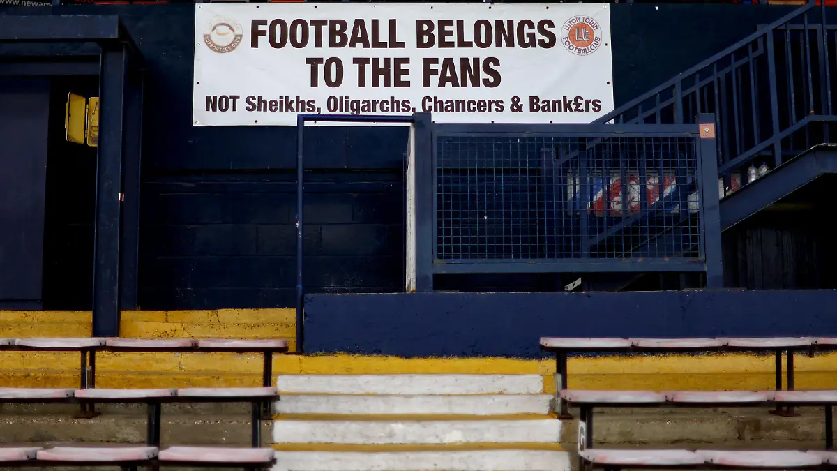 A sign hangs inside Luton Town's Kenilworth Road stadium, Luton, Britain, May 23, 2023. REUTERS/Carl Recine