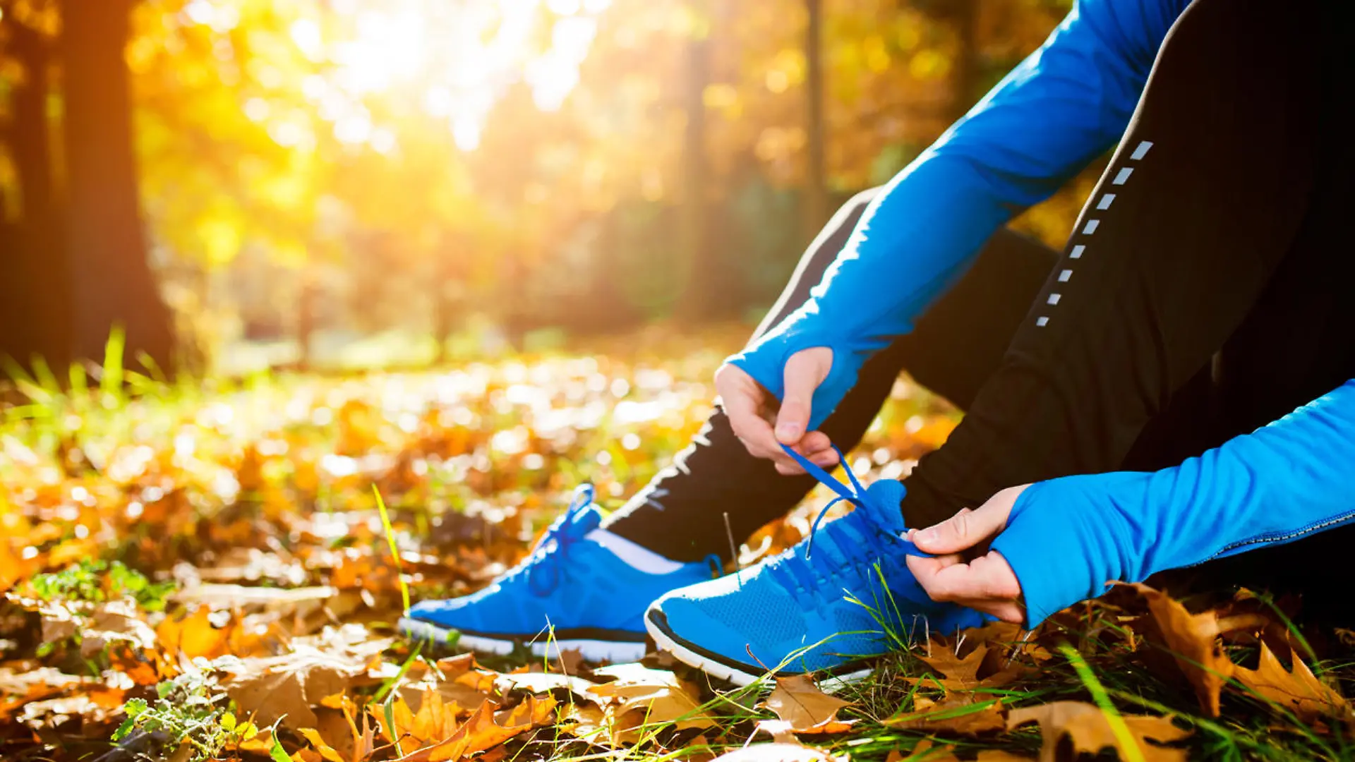 Young handsome runner outside in sunny autumn nature