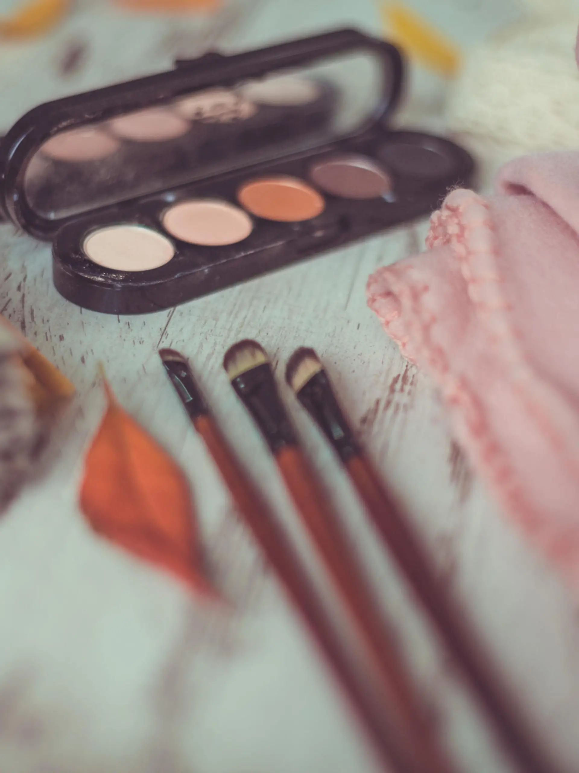 Close-up shot of eye shadow palette and make-up brushes on rustic table.