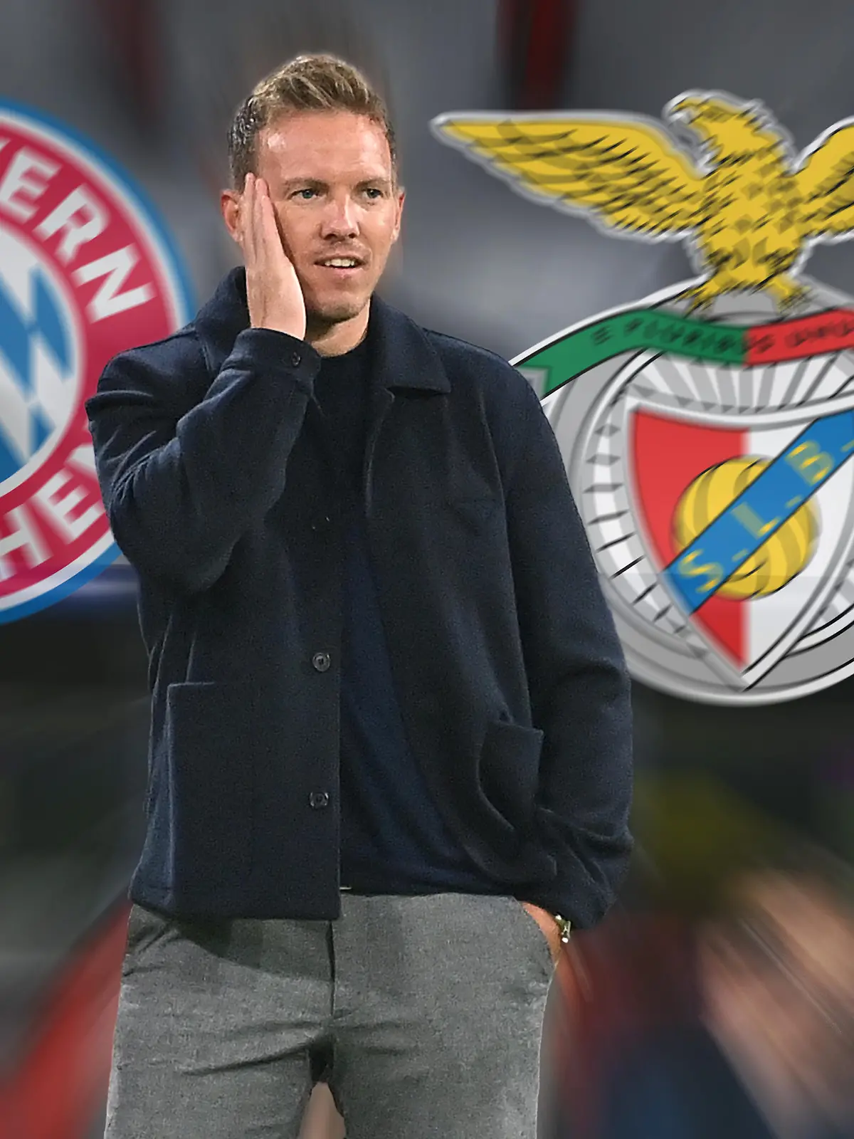 FOTOMONTAGE: Trainer Julian NAGELSMANN (Bayern Muenchen) hofft darauf am 2.11. das Spiel an der Seitenlinie verfolgen zu koennen. Archivfoto:Trainer Julian NAGELSMANN (Bayern Muenchen), Gestik, Einzelbild,angeschnittenes Einzelmotiv, Halbfigur,halbe Figur. FC Bayern Muenchen-Dynamo Kiew 5-0 Fussball Champions League,Gruppe E, 2.Spieltag am 29.09.2021. A L L I A N Z A R E N A.