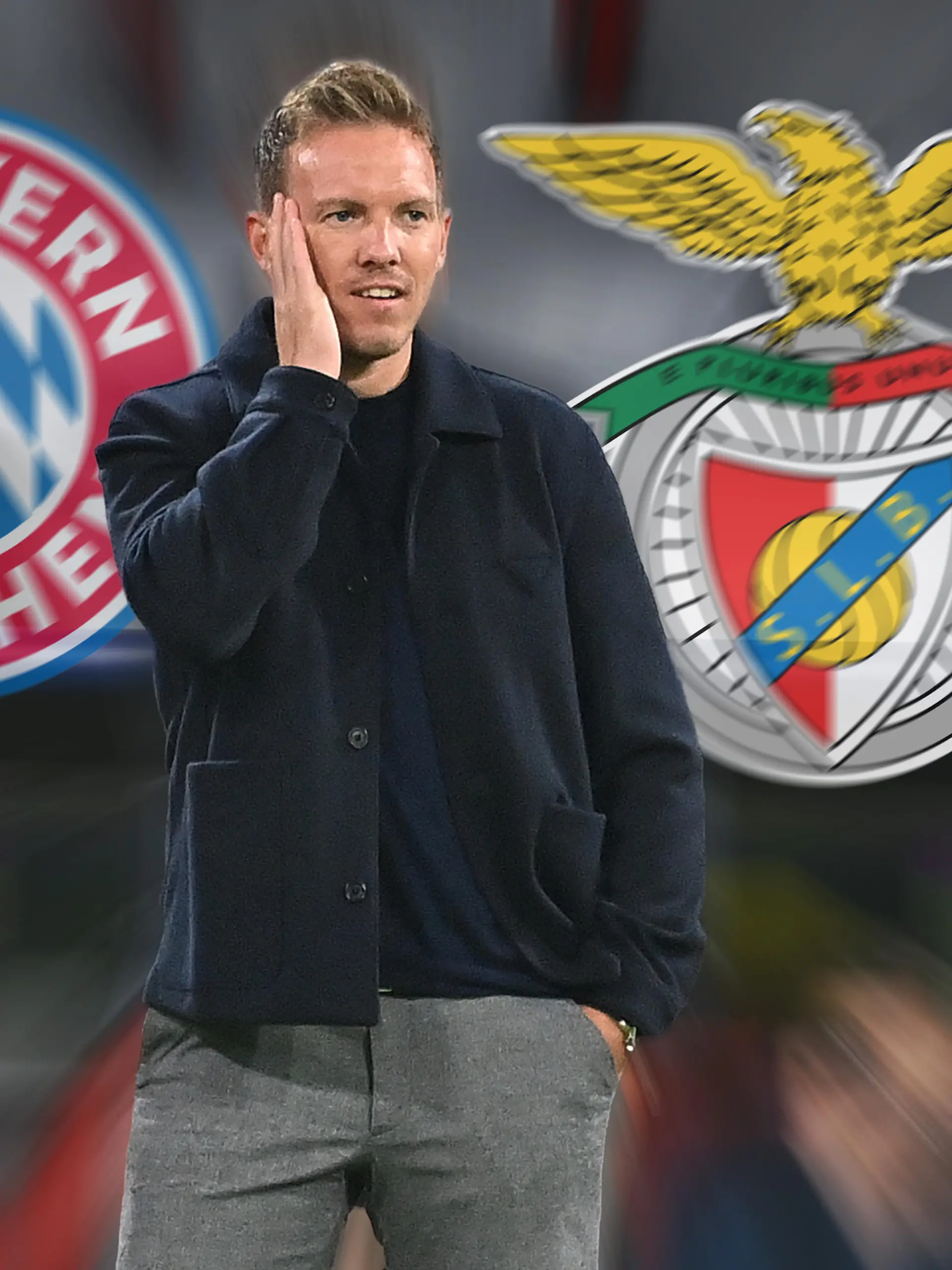 FOTOMONTAGE: Trainer Julian NAGELSMANN (Bayern Muenchen) hofft darauf am 2.11. das Spiel an der Seitenlinie verfolgen zu koennen. Archivfoto:Trainer Julian NAGELSMANN (Bayern Muenchen), Gestik, Einzelbild,angeschnittenes Einzelmotiv, Halbfigur,halbe Figur. FC Bayern Muenchen-Dynamo Kiew 5-0 Fussball Champions League,Gruppe E, 2.Spieltag am 29.09.2021. A L L I A N Z A R E N A.