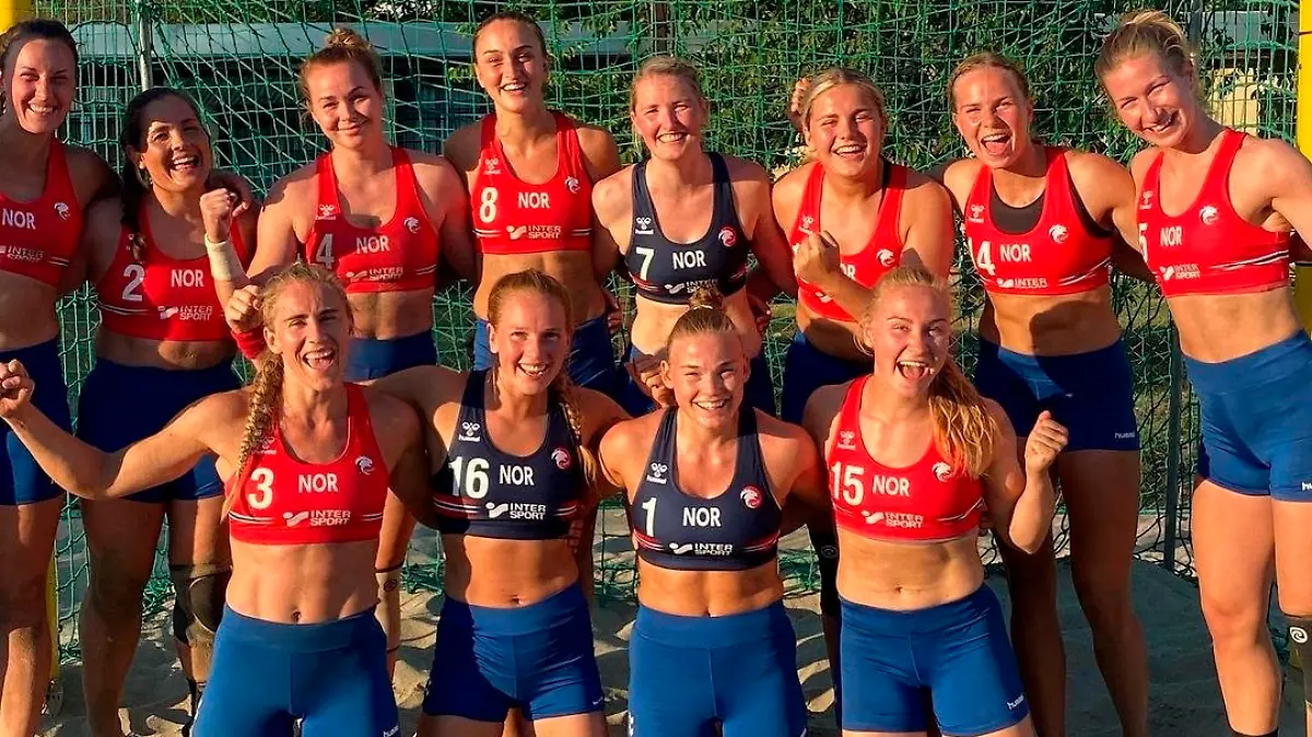 Handout photo - Norway's beach handball players were each fined 150 euros for wearing shorts rather than the required bikini bottoms. The team wore thigh-length elastic shorts during their bronze medal match against Spain in Bulgaria on Sunday July 18, 2021 to protest against the regulation bikini-bottom design that the sport's Norwegian federation president called "embarrassing." Photo by Norwegian Handball Federation via ABACAPRESS.COM