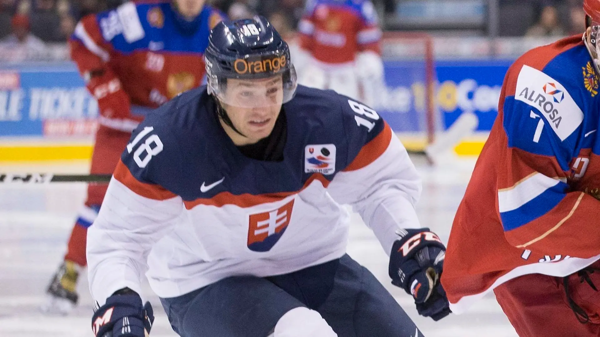 Russia's Kirill Kaprizov skates past Slovakia's Boris Sadecky during the third period of a world junior championship hockey game in Toronto on Saturday, Dec. 31, 2016. (Chris Young/The Canadian Press via AP)