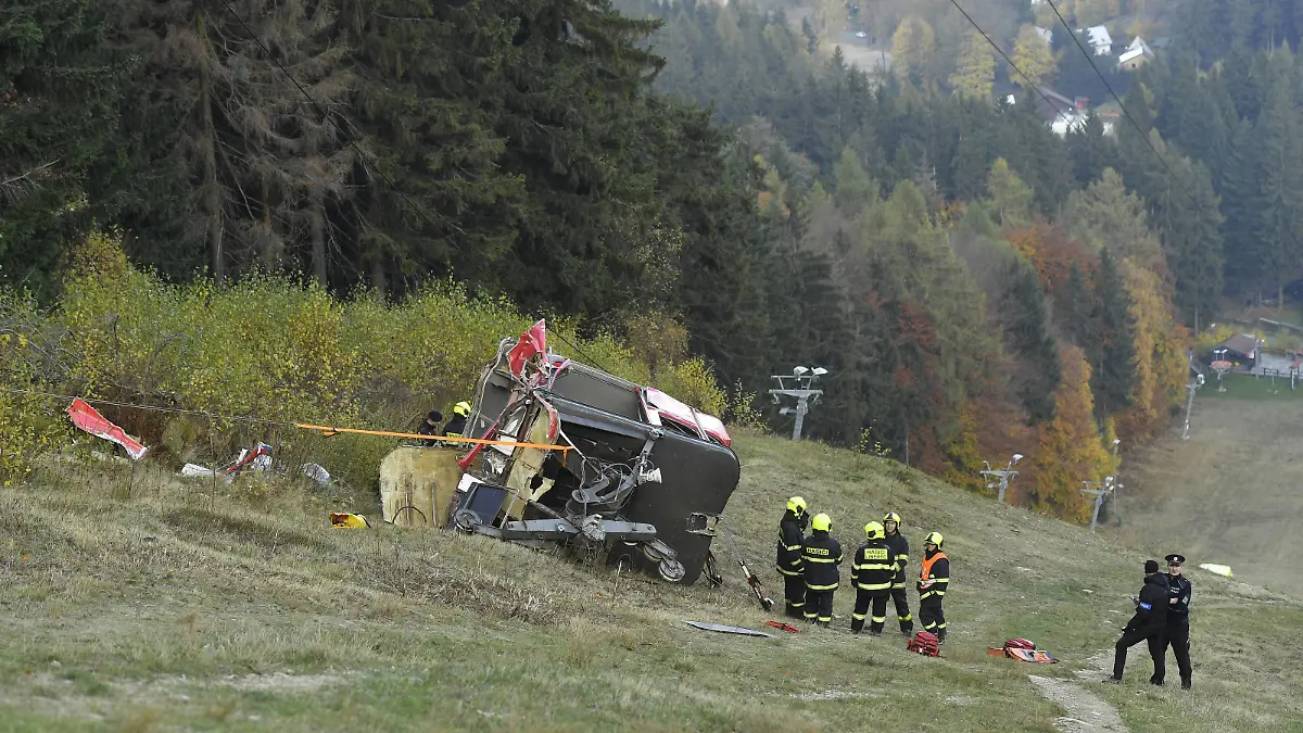 Rescuers work on a scene of a fallen funicular cab under the Jested Mountain in Liberec, Czech Republic, on Sunday, October 31, 2021. Engine driver died as a cabin fell off cable car heading from Liberec to the mountain. Rescuers are taking care of passengers and second driver. CTKxPhoto/RadekxPetrasek CTKPhotoP2021103104485 PUBLICATIONxNOTxINxCZExSVK