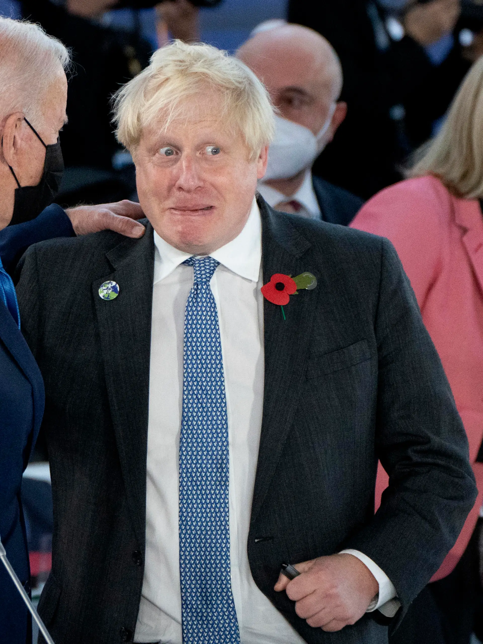 US President Joe Biden, left, and British Prime Minister Boris Johnson attend the opening session of the G20 summit at the La Nuvola conference center, in Rome, Saturday, Oct. 30, 2021. The two-day Group of 20 summit is the first in-person gathering of leaders of the world's biggest economies since the COVID-19 pandemic started. (Stefan Rousseau/Pool Photo via AP)