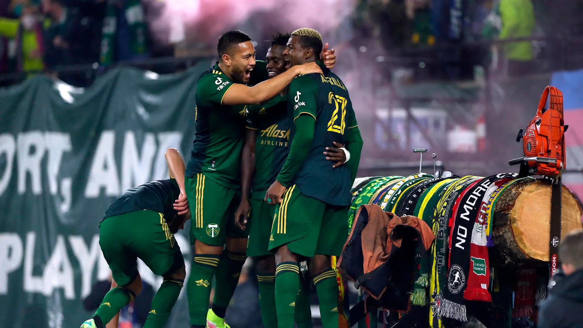 Portland Timbers forward Dairon Asprilla (27) celebrates with teammates after his goal during an MLS soccer game against the San Jose Earthquakes Wednesday, Oct. 27, 2021 in Portland, Ore. (Sean Meagher/The Oregonian via AP)