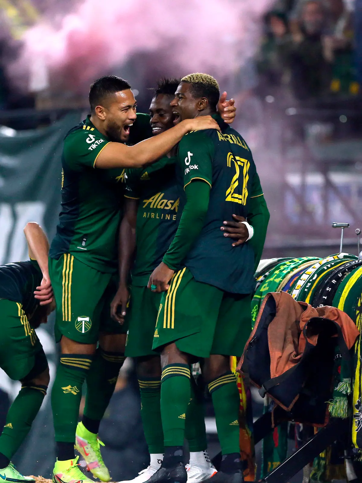 Portland Timbers forward Dairon Asprilla (27) celebrates with teammates after his goal during an MLS soccer game against the San Jose Earthquakes Wednesday, Oct. 27, 2021 in Portland, Ore. (Sean Meagher/The Oregonian via AP)