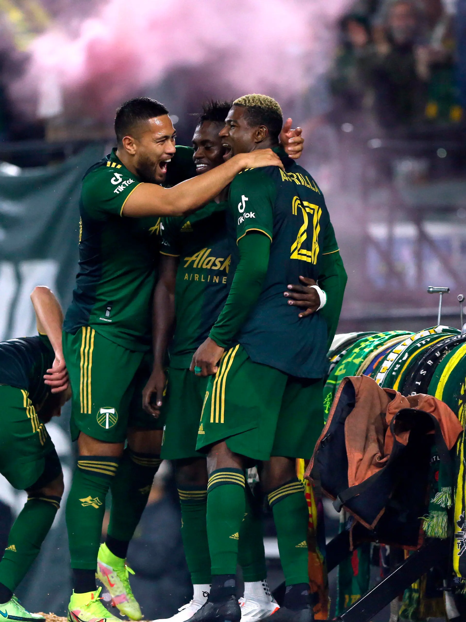 Portland Timbers forward Dairon Asprilla (27) celebrates with teammates after his goal during an MLS soccer game against the San Jose Earthquakes Wednesday, Oct. 27, 2021 in Portland, Ore. (Sean Meagher/The Oregonian via AP)