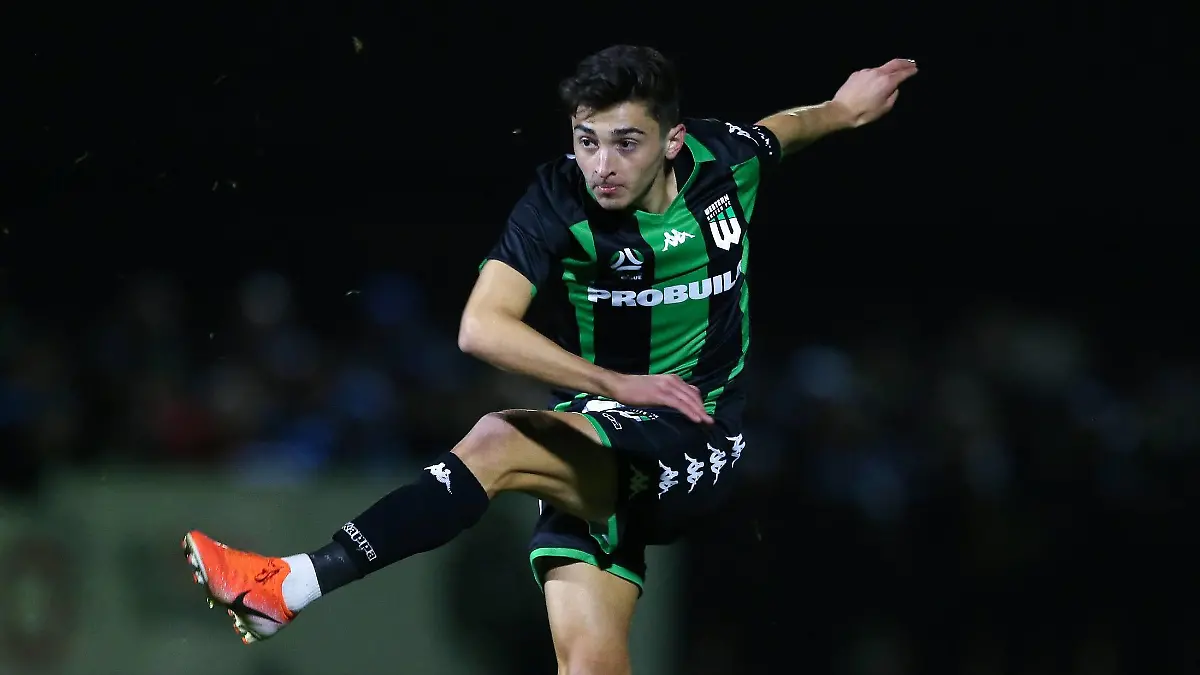 SOCCER WESTERN UNITED GEORGE CROSS, Josh Cavallo of Western United FC shoots during the pre-season match between the Western United FC and the Caroline Springs George Cross FC at City Vista Pavilion Sports Field in Melbourne, Thursday, August 22, 2019. ( !ACHTUNG: NUR REDAKTIONELLE NUTZUNG, KEINE ARCHIVIERUNG UND KEINE BUCHNUTZUNG! MELBOURNE VIC AUSTRALIA PUBLICATIONxINxGERxSUIxAUTxONLY Copyright: xGEORGExSALPIGTIDISx 20190822001414371093