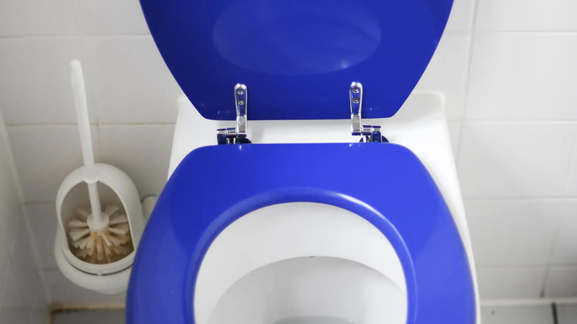 Eine schmuddelige Restaurant-Toilette mit blauer Klobrille. Foto: M. C. Hurek