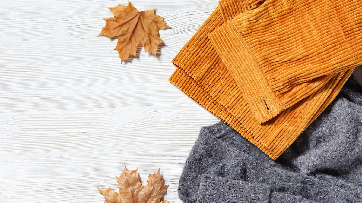 Female autumn clothing, warm wool grey knitted jumper and orange trousers from corduroy. Shopping overview concept with copy space. Top view. Flat lay.
