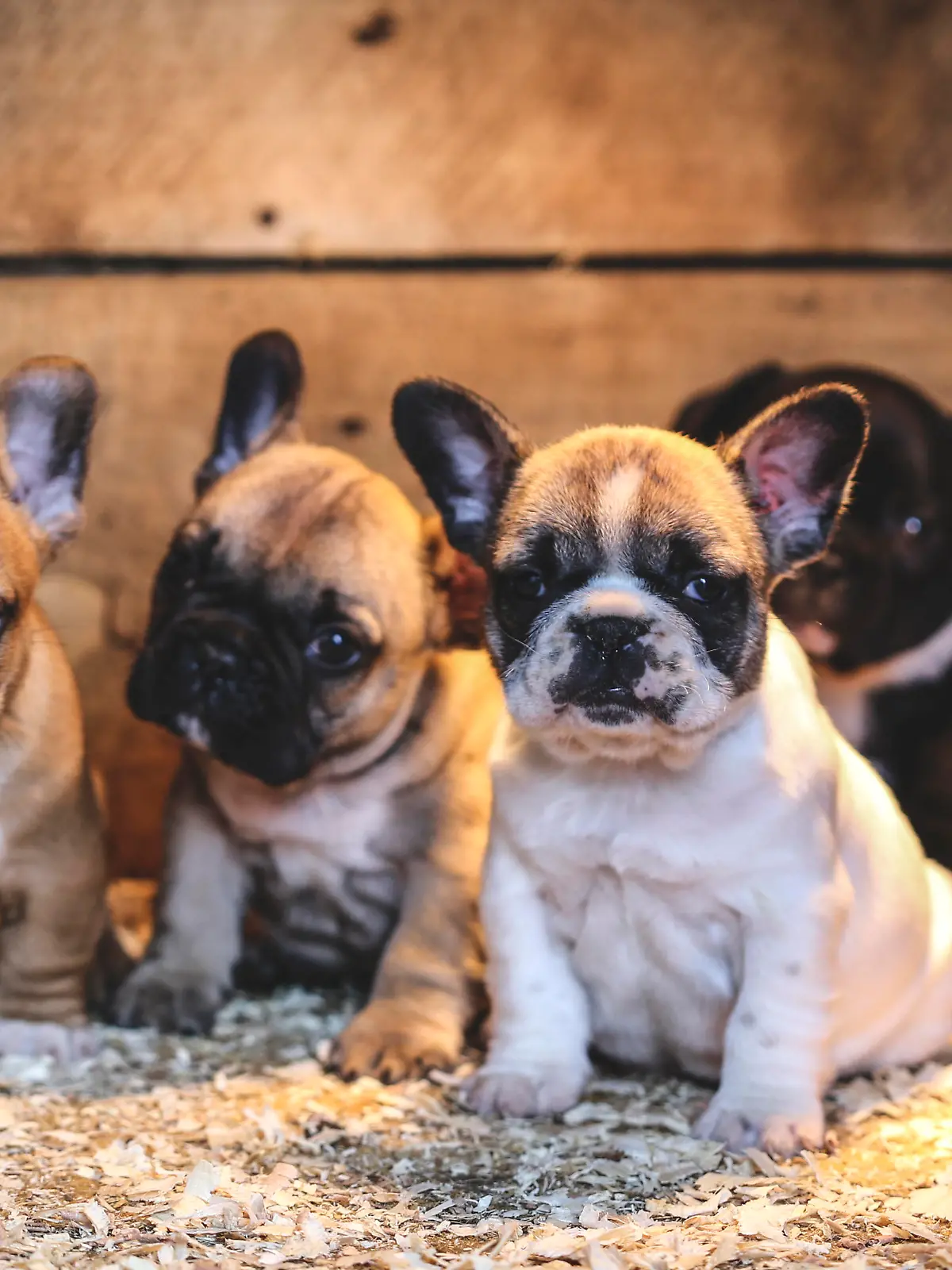 Four cute French Bulldogs puppies sitting in their dog house.