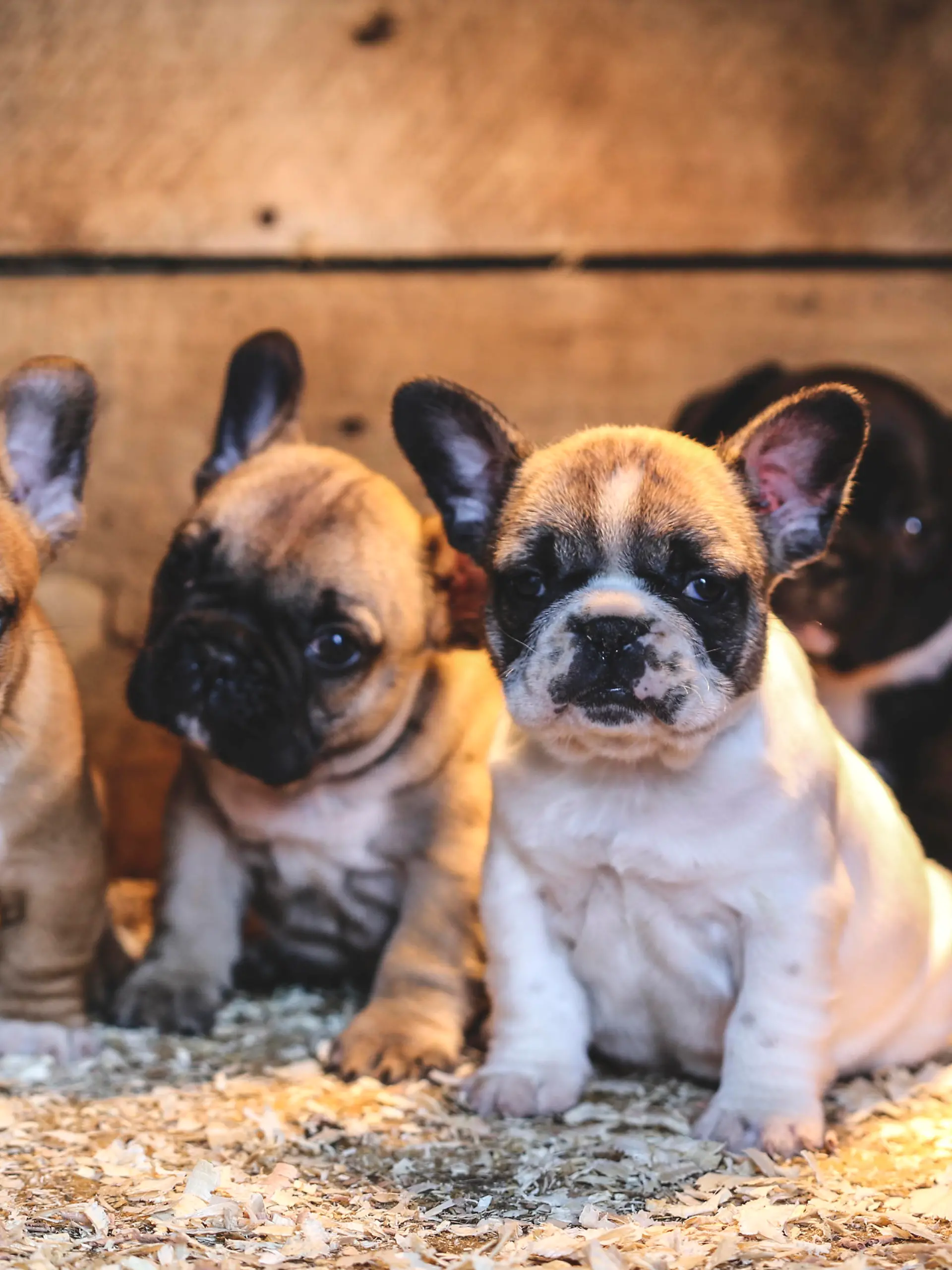 Four cute French Bulldogs puppies sitting in their dog house.