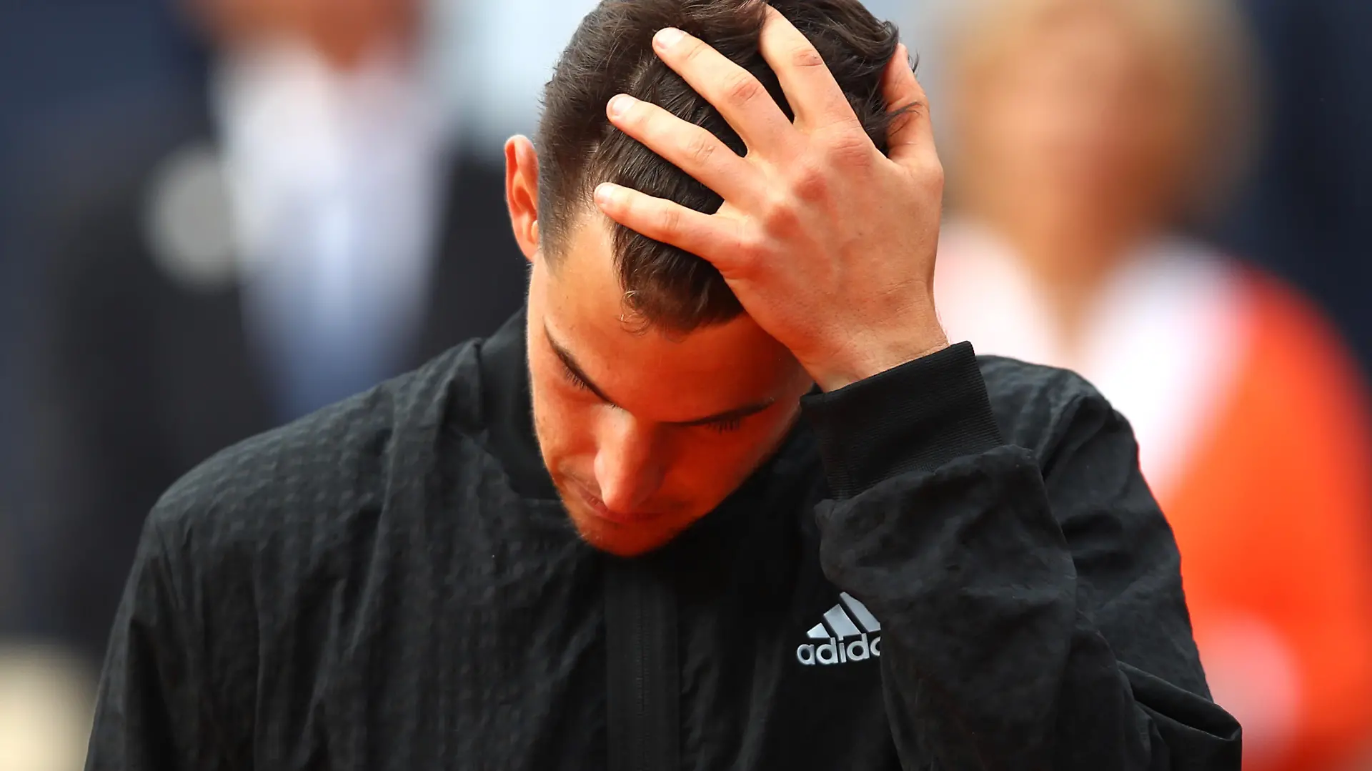 PARIS, FRANCE - JUNE 09: Dominic Thiem of Austria reacts following his defeat in the mens singles final against Rafael Nadal of Spain  during Day fifteen of the 2019 French Open at Roland Garros on June 09, 2019 in Paris, France. (Photo by Julian Finney/Getty Images)