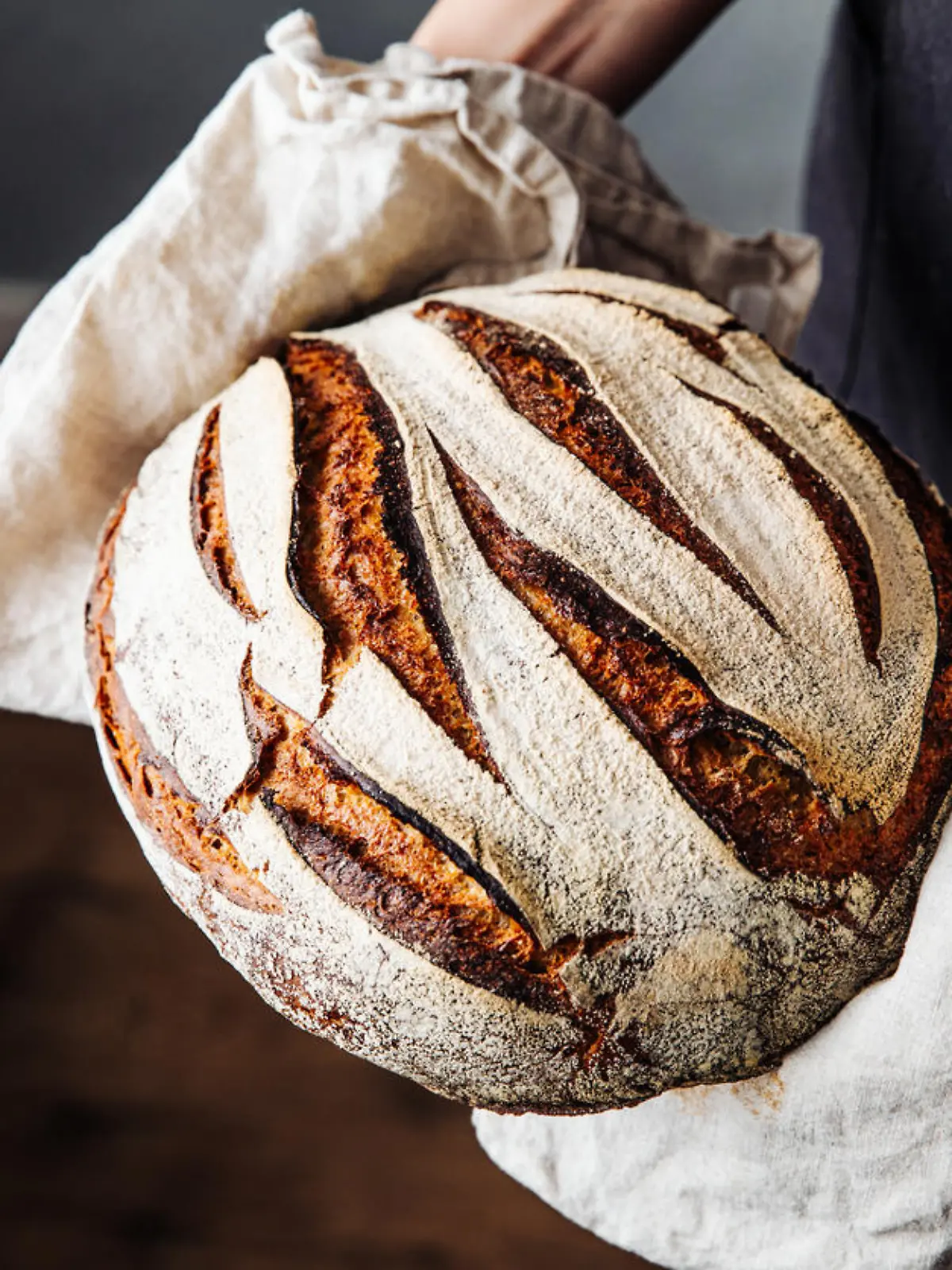 Close-up of fresh baked sourdough bread. Woman is holding wheat and rye beard. She is in kitchen.