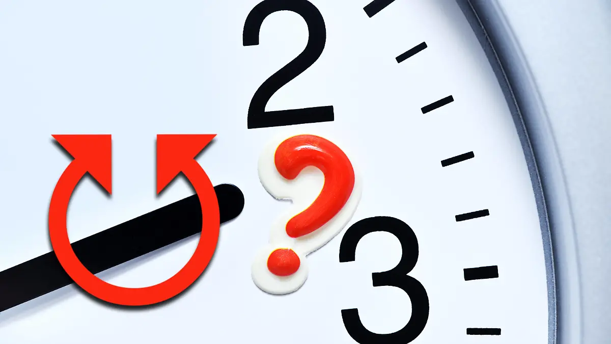 FOTOMONTAGE, Uhr mit Fragezeichen und Pfeilen, Zeitumstellung *** PHOTOMONTAGE, clock with question marks and arrows, time change