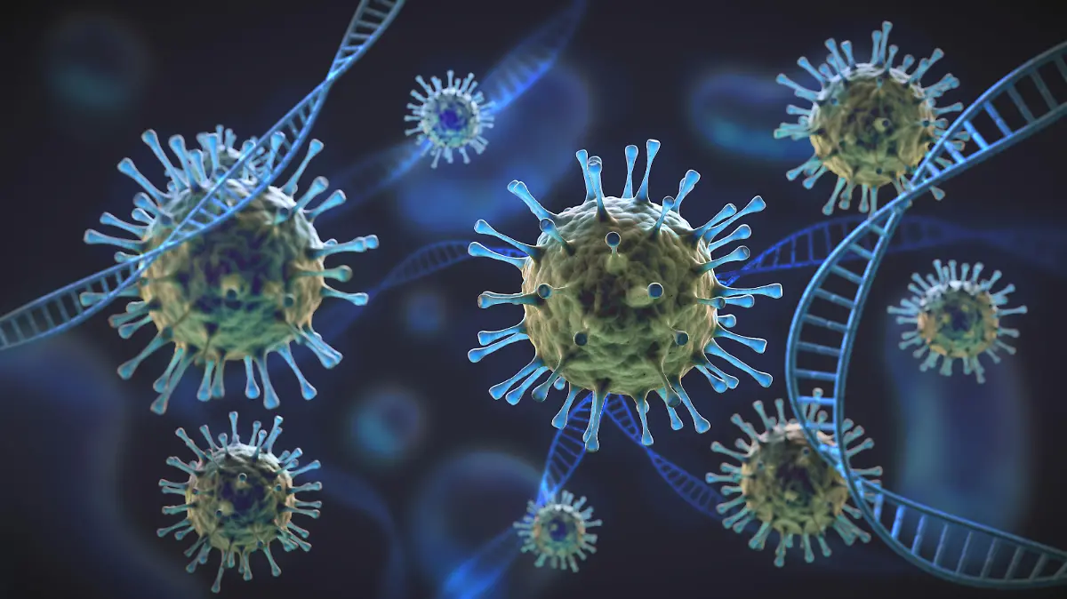 Green and blue coronavirus cells under magnification intertwined with DNA cell structure