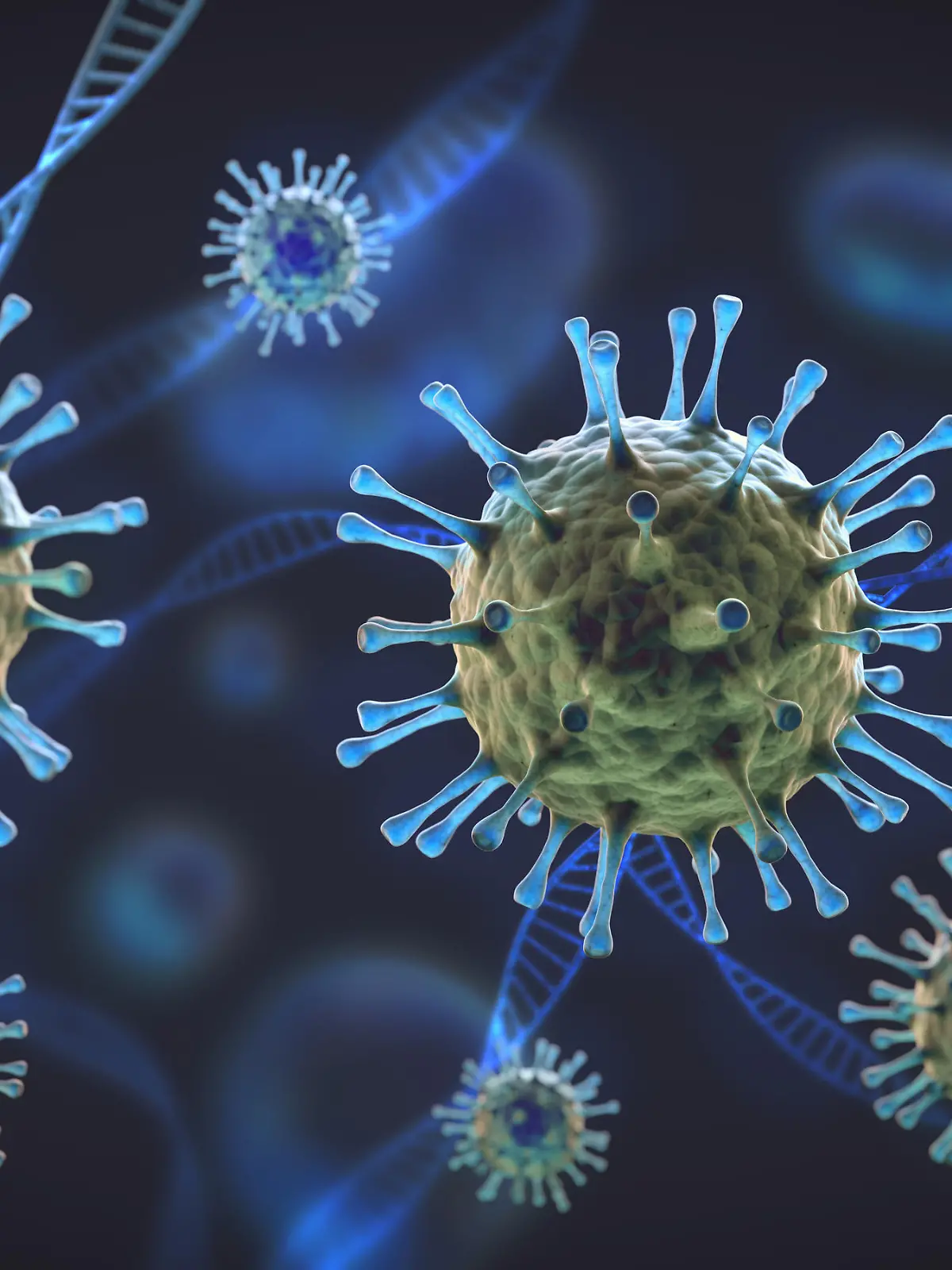 Green and blue coronavirus cells under magnification intertwined with DNA cell structure