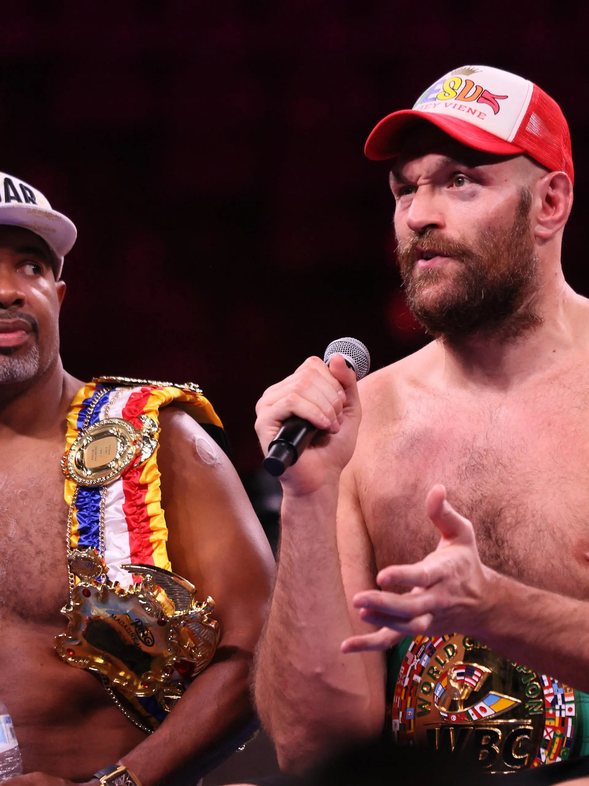 Trainer Sugar Hill Steward and Tyson Fury, both shirtless, appear at the post fight press conference, PK, Pressekonferenz of the Tyson Fury vs Deontay Wilder III 12-round Heavyweight boxing match, at the T-Mobile Arena in Las Vegas, Nevada on Saturday, October 9th, 2021. PUBLICATIONxINxGERxSUIxAUTxHUNxONLY LAV2021100939 JAMESxATOA 