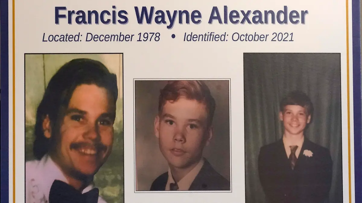 This image displayed at a news conference by the Cook County Sheriff's Office on Monday, Oct. 25, 2021, shows three photos of Francis Wayne Alexander, a North Carolina native who has been identified as one of the victims of John Wayne Gacy. Alexander's body was one of many discovered by police in the crawl space of Gacy's home more than 40 years ago. (Courtesy of the Cook County Sheriff's Office via AP)