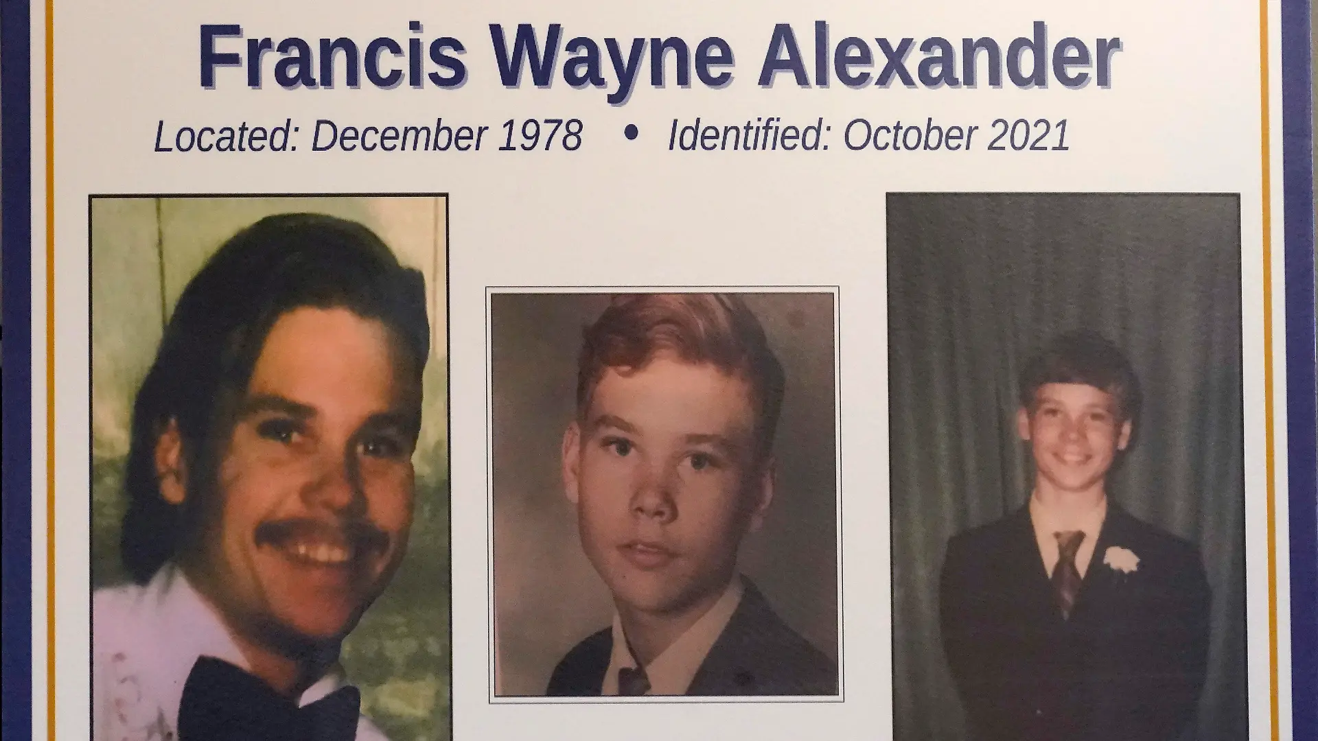 This image displayed at a news conference by the Cook County Sheriff's Office on Monday, Oct. 25, 2021, shows three photos of Francis Wayne Alexander, a North Carolina native who has been identified as one of the victims of John Wayne Gacy. Alexander's body was one of many discovered by police in the crawl space of Gacy's home more than 40 years ago. (Courtesy of the Cook County Sheriff's Office via AP)