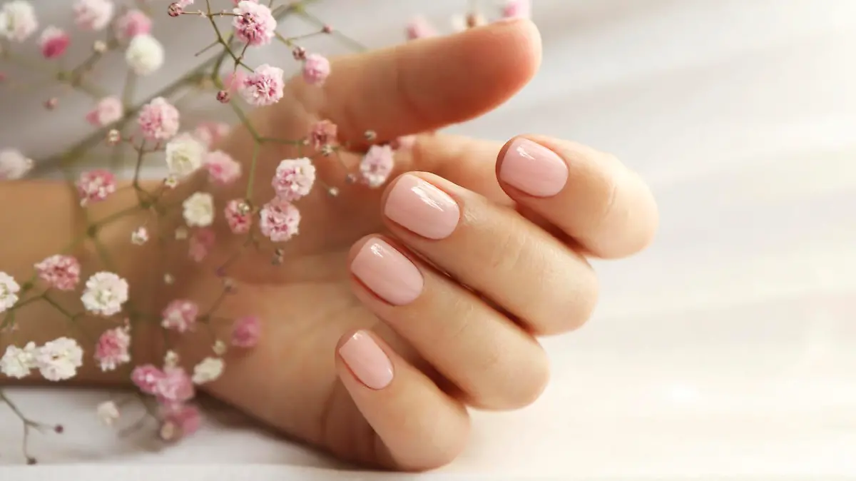 Light pink manicure on short nails with Gypsophila.