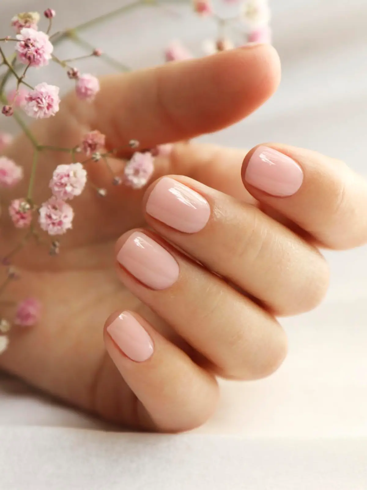 Light pink manicure on short nails with Gypsophila.