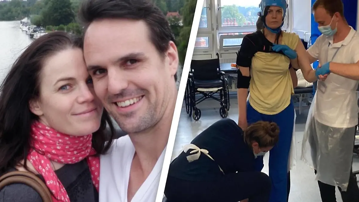 Links: Melle Stewart mit ihrem Partner, dem Schauspieler Ben Lewis, rechts: Melle muss in der Reha wieder laufen lernen.
